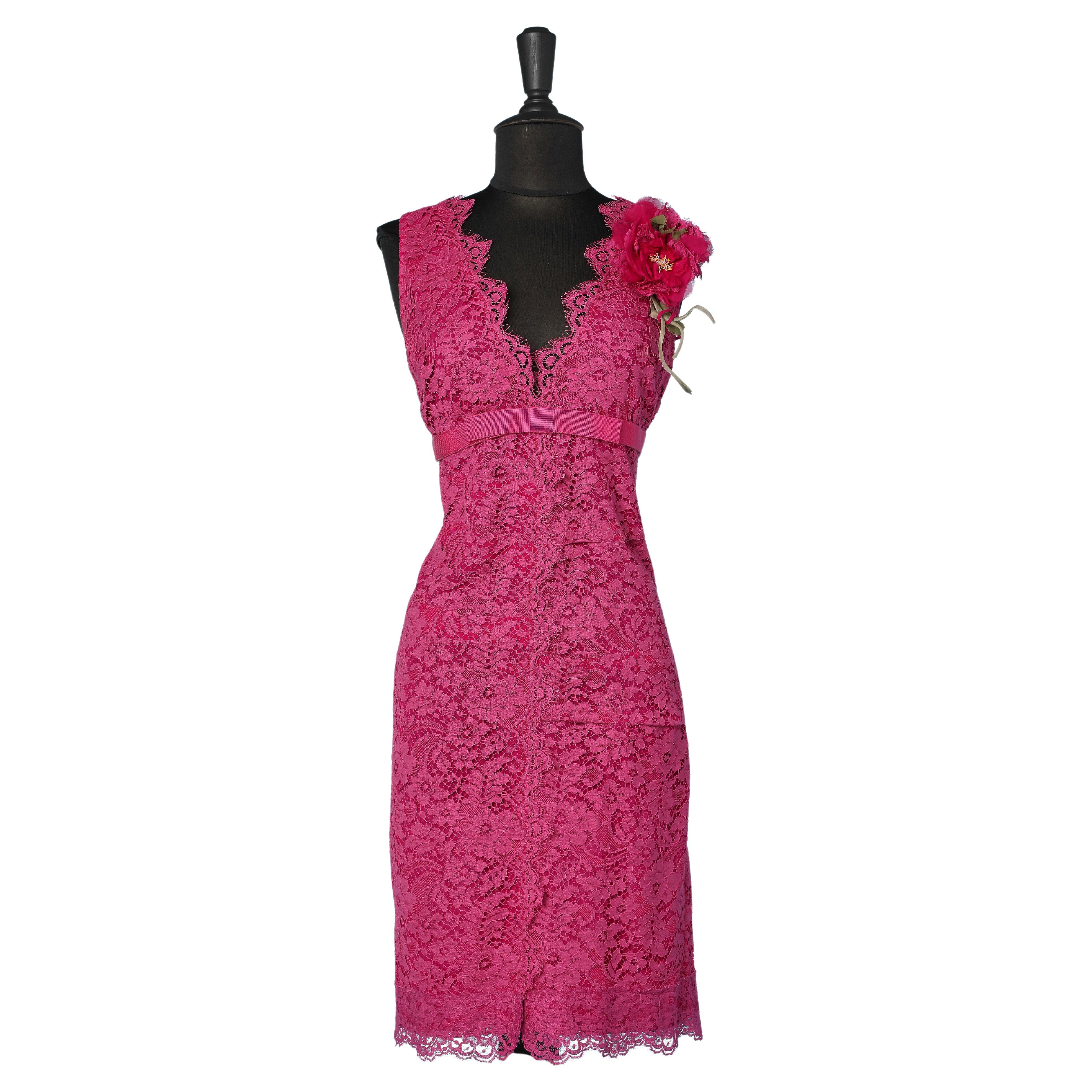 Pink lace cocktail dress with fabric flower embellishment Dolce & Gabbana For Sale