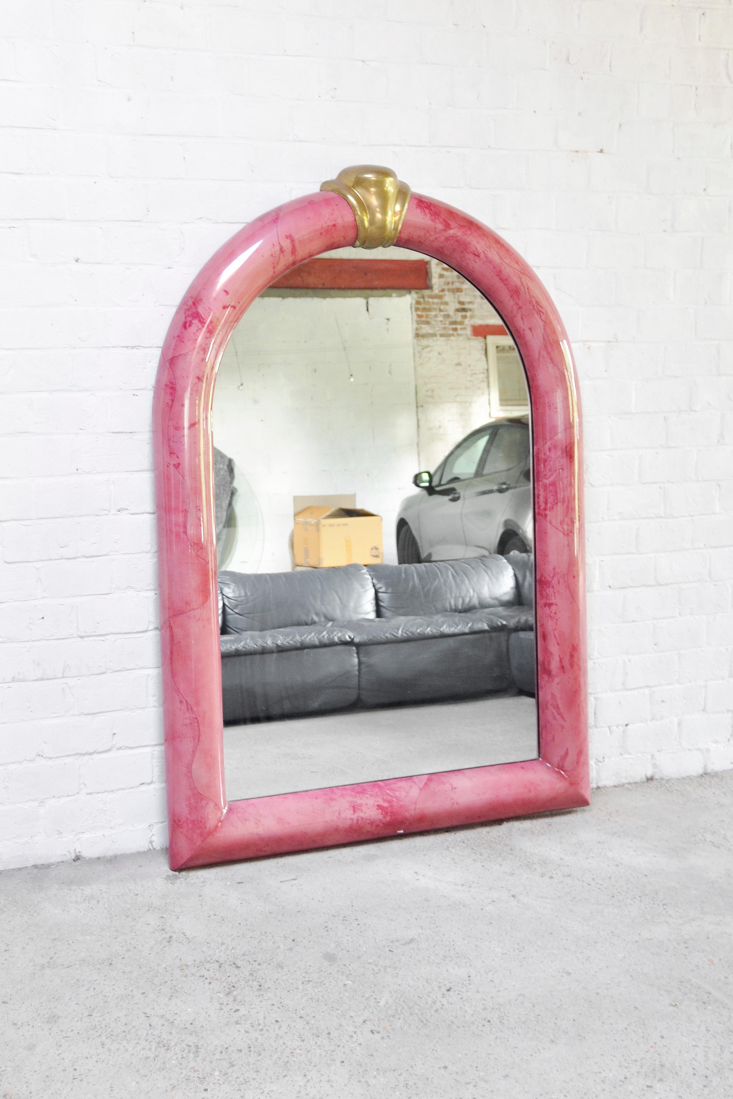 German Pink Lacquered Goatskin Mirror by Karl Springer, 1970s