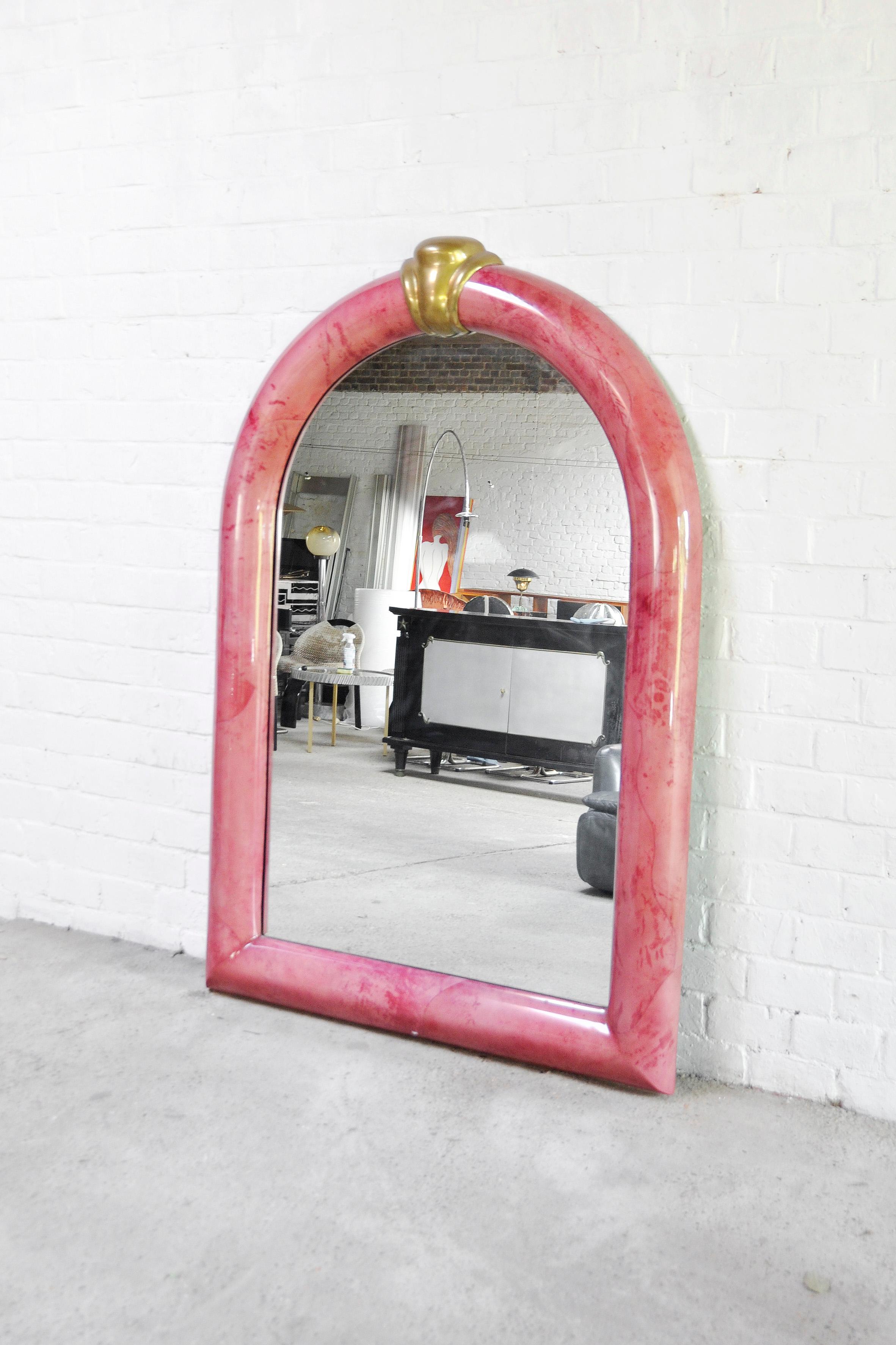 Miroir en peau de chèvre laquée rose de Karl Springer, 1970 1