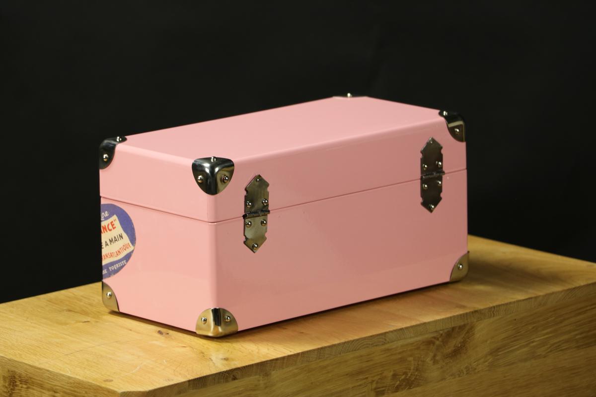 Contemporary Pink Lacquered Jewelry Trunk, Doll Trunk with Its Key For Sale