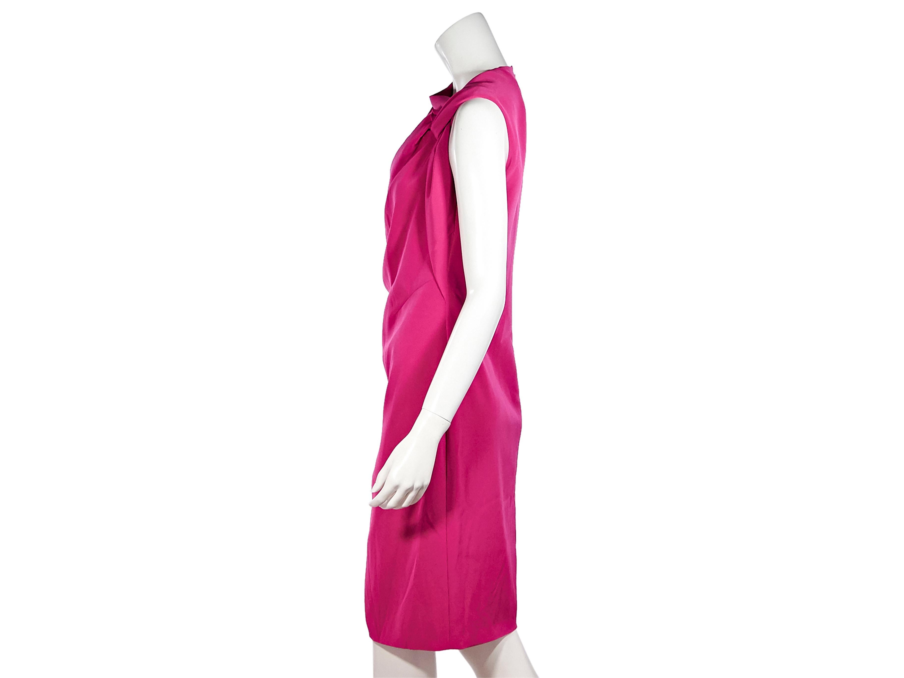 Product details:  Fuchsia taffeta knee-length dress by Lanvin.  Asymmetrical collar.  Sleeveless.  Concealed zip-back closure.  Draped-detail at front and side.  Polish the look with black patent leather pumps. Label size EU 40. 33
