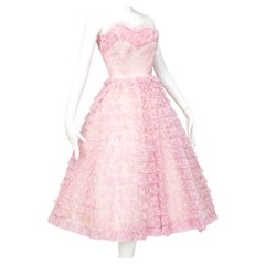 Rosa-lavendelfarbenes New Look trägerloses, gestuftes Ballerina Partykleid aus Spitze - S-M, 1950er Jahre
