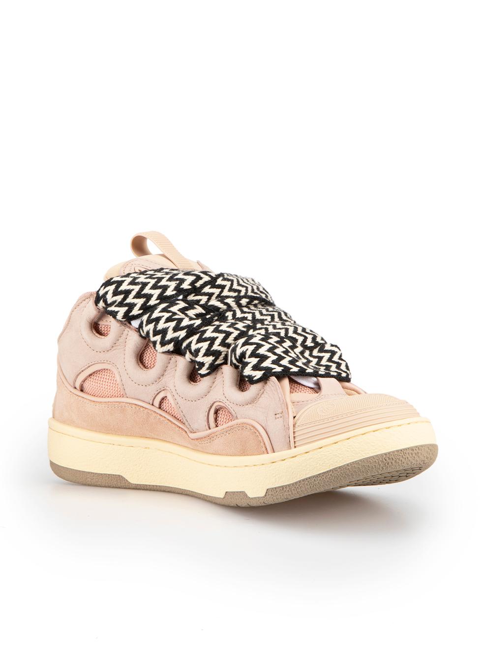 CONDITION is Never Worn. No visible wear to shoes is evident on this used Lanvin designer resale item. These shoes come with original box and dust bag.



Details


Pink

Leather

Flatform trainers

Thick zig-zag patterned decorative laces

Thin