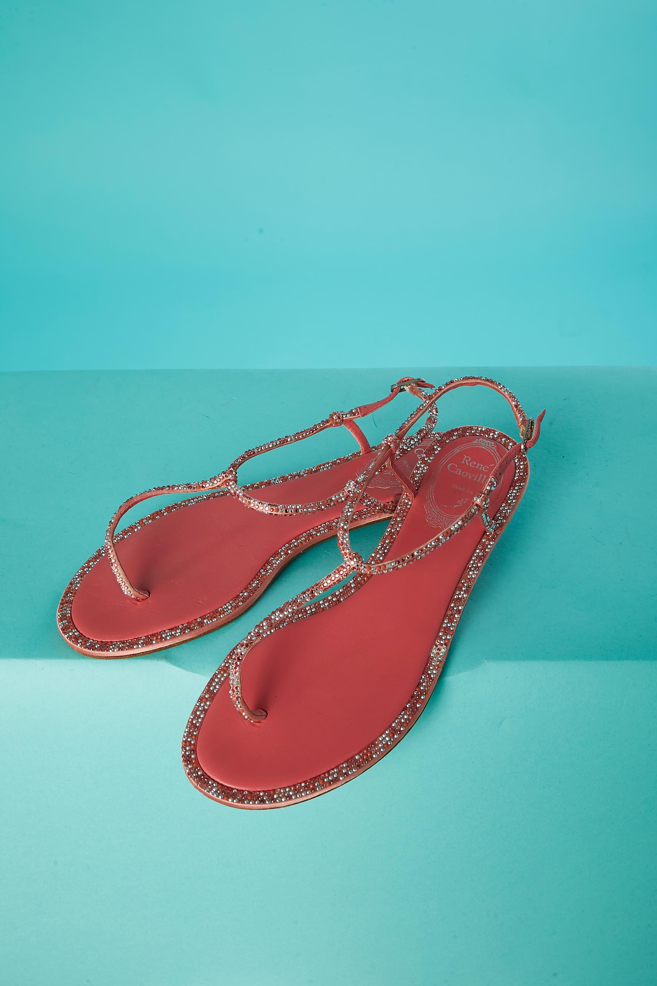 Brown Pink leather flat sandals with rhinestone René Caovilla 