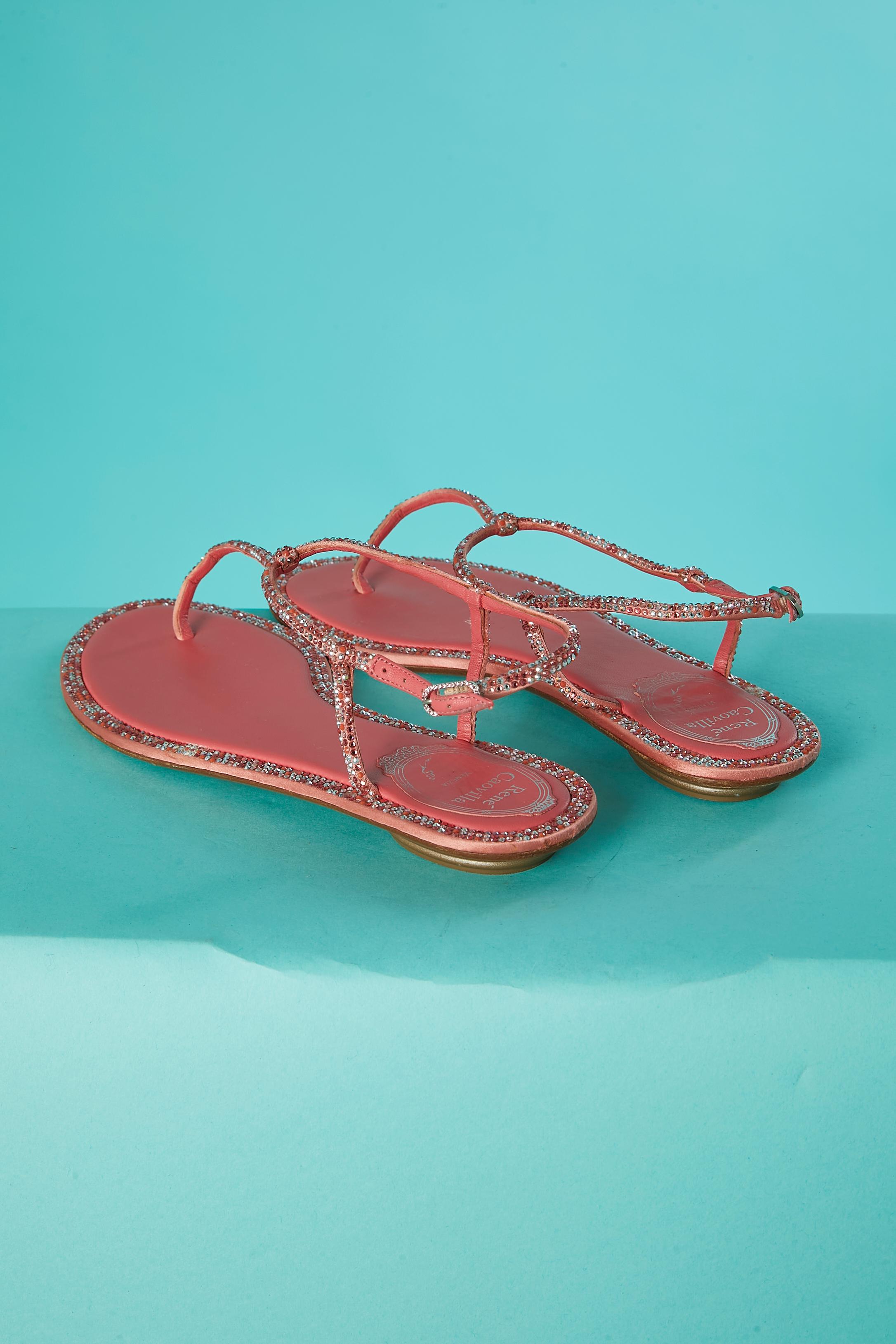 Pink leather flat sandals with rhinestone René Caovilla  In Excellent Condition In Saint-Ouen-Sur-Seine, FR