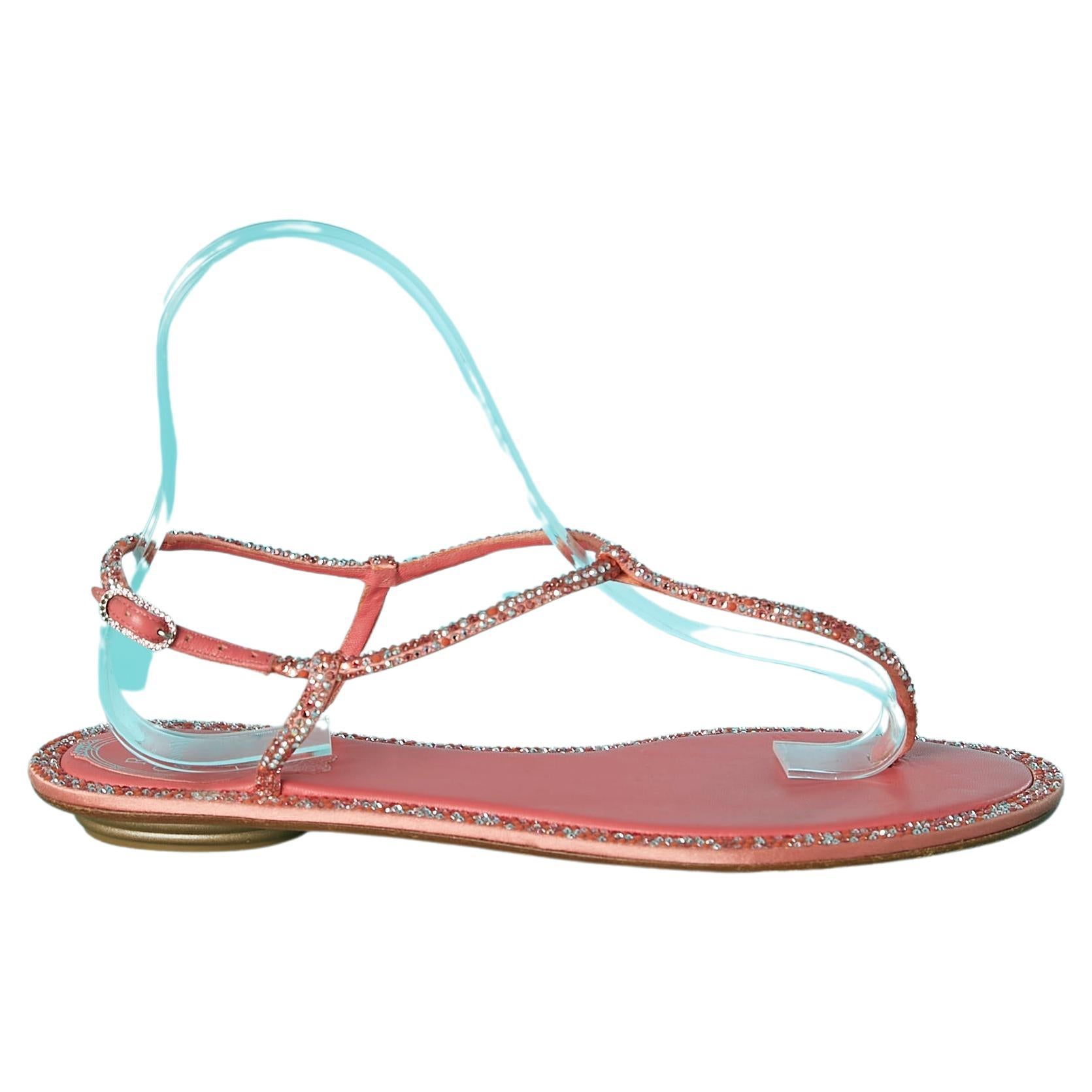 Pink leather flat sandals with rhinestone René Caovilla