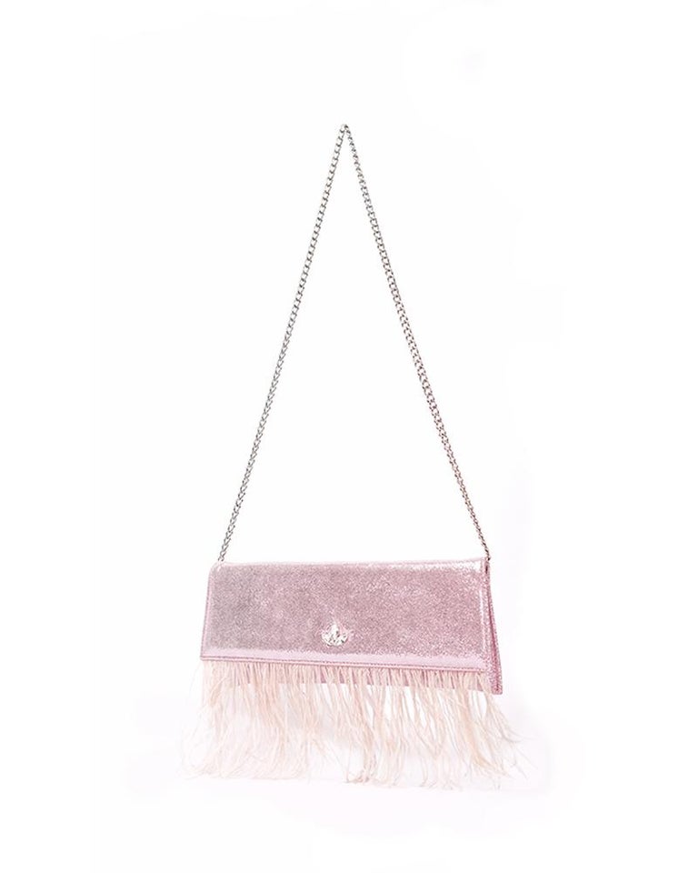 Beige Pink leather ostrich feathers shoulder bag NWOT