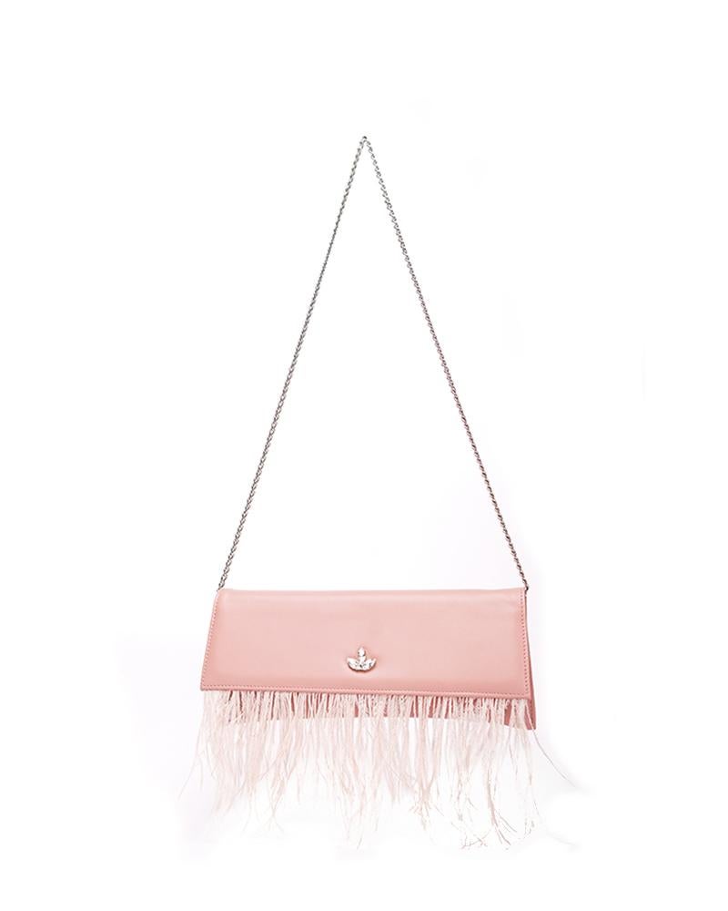 White Pink leather ostrich feathers shoulder bag NWOT