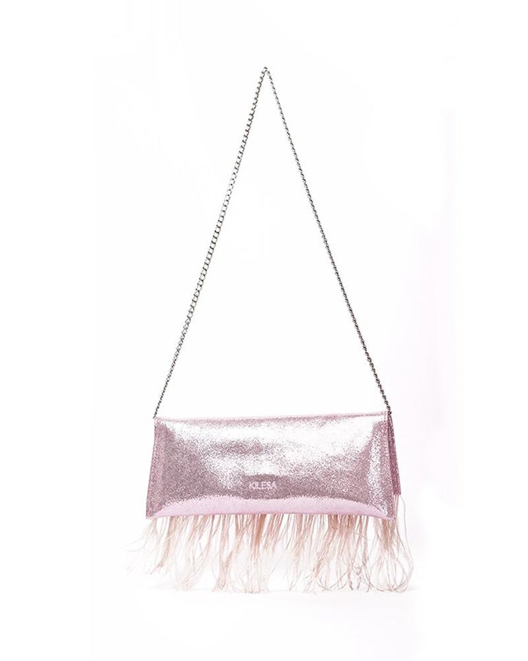 Pink leather ostrich feathers shoulder bag NWOT In New Condition In Capri, IT