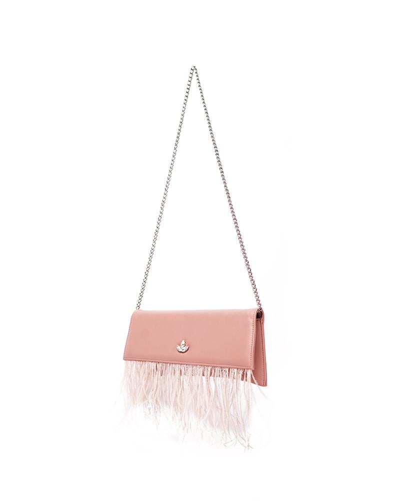 Pink leather ostrich feathers shoulder bag NWOT In New Condition In Capri, IT