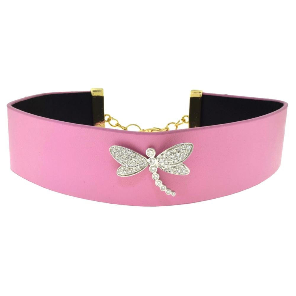 Pink Leather White Gold Diamond Choker with Dragonfly Pin For Sale
