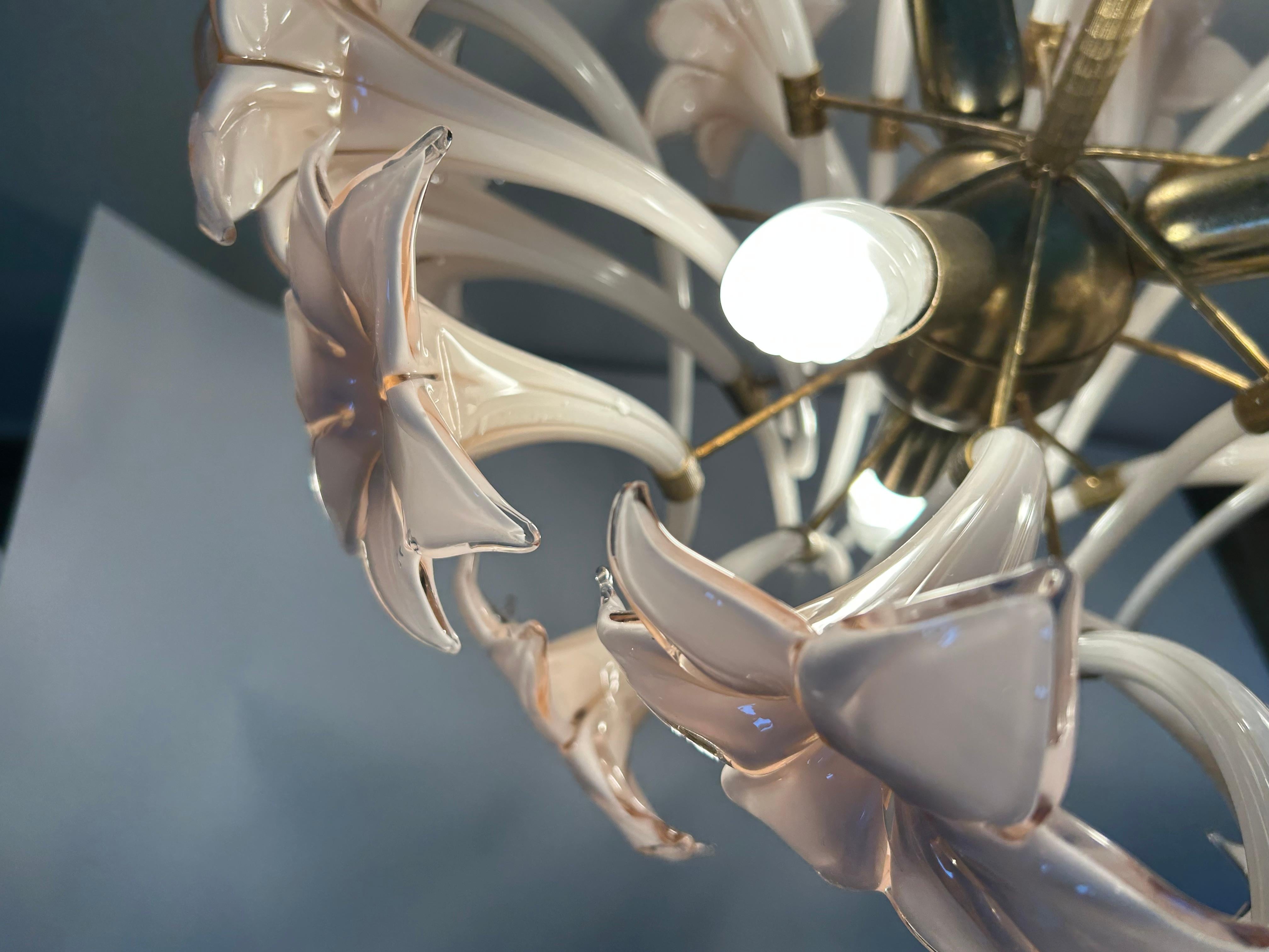 Pink Lily, Spectacular Murano Chandelier, 1980's For Sale 3