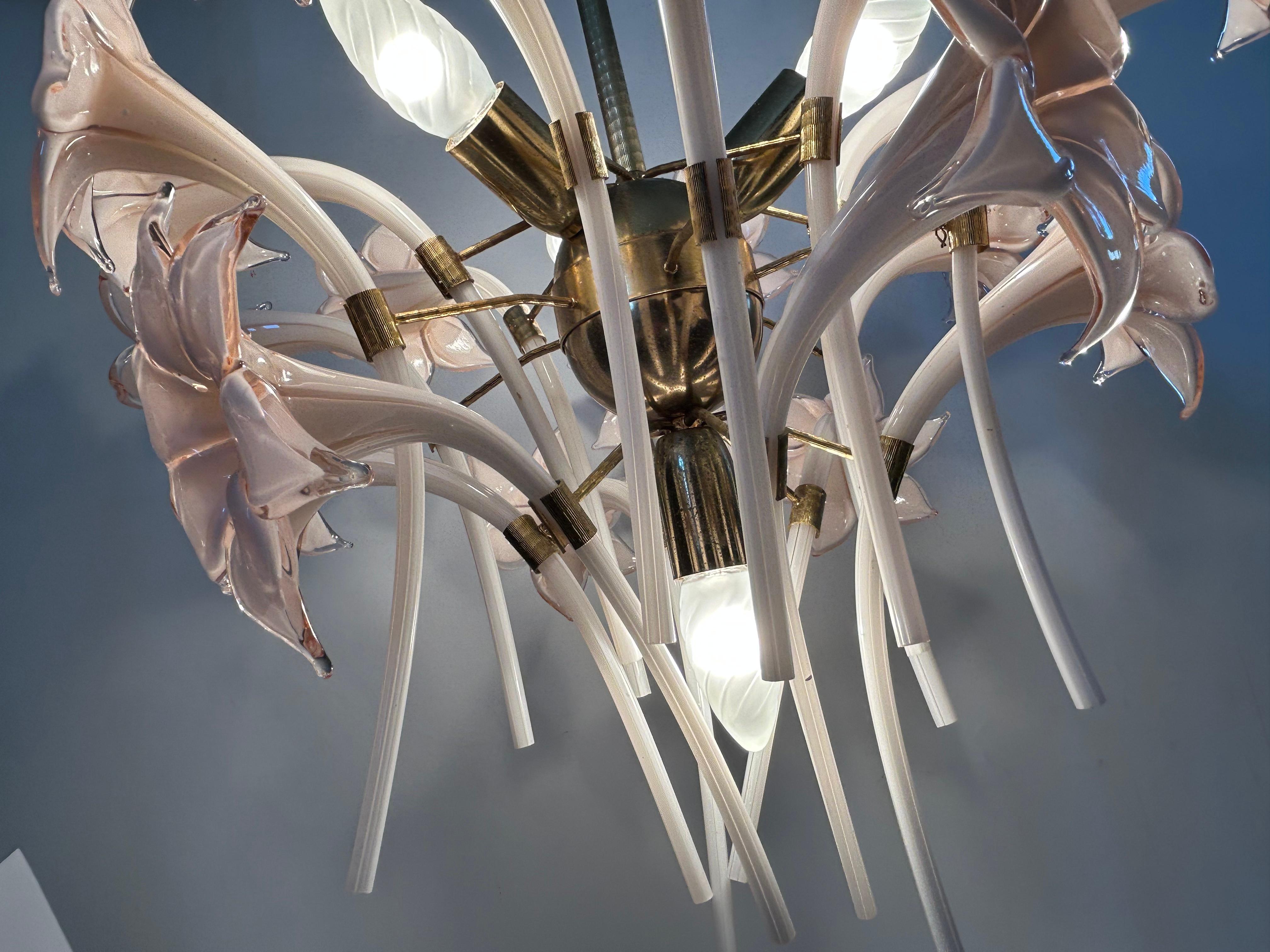 Pink Lily, Spectacular Murano Chandelier, 1980's For Sale 7