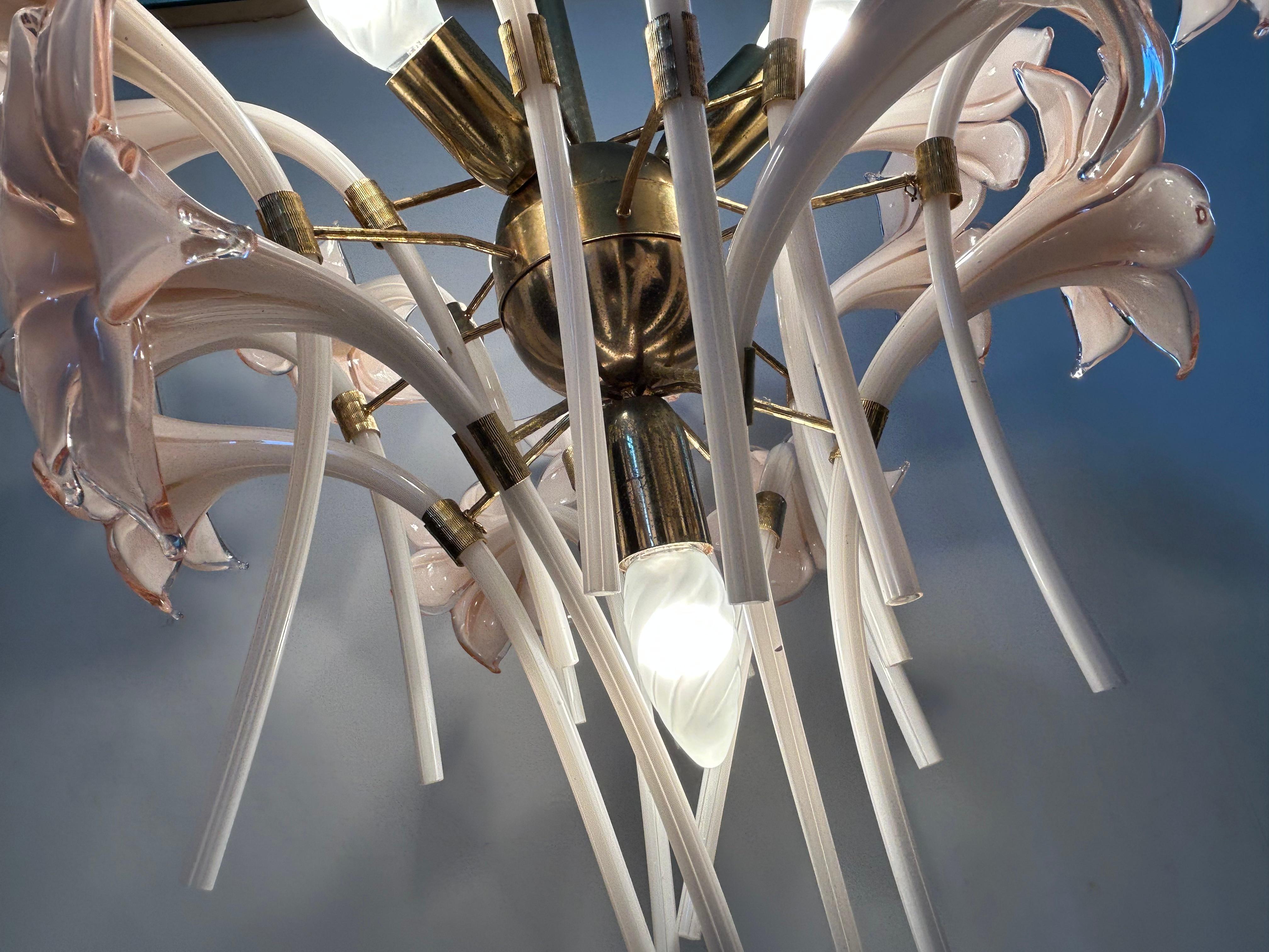 Pink Lily, Spectacular Murano Chandelier, 1980's For Sale 8
