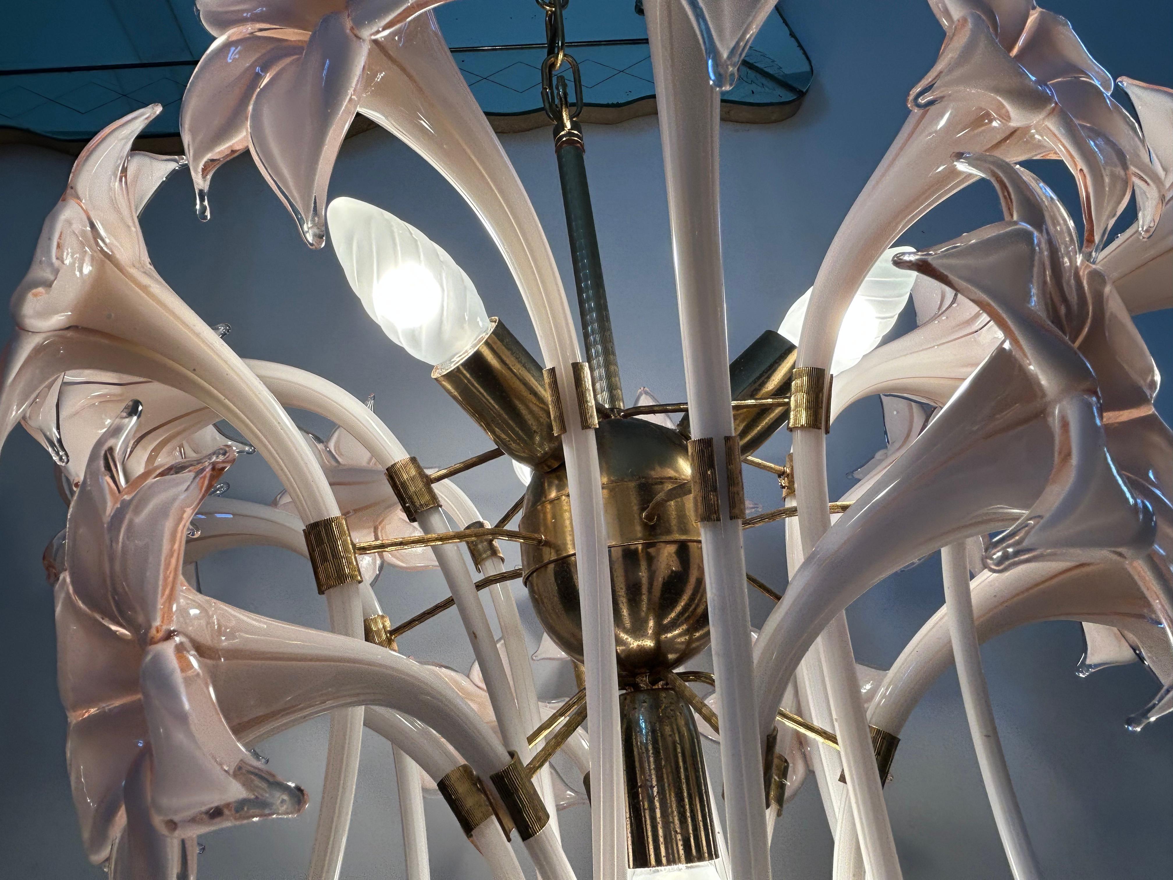 Pink Lily, Spectacular Murano Chandelier, 1980's For Sale 9