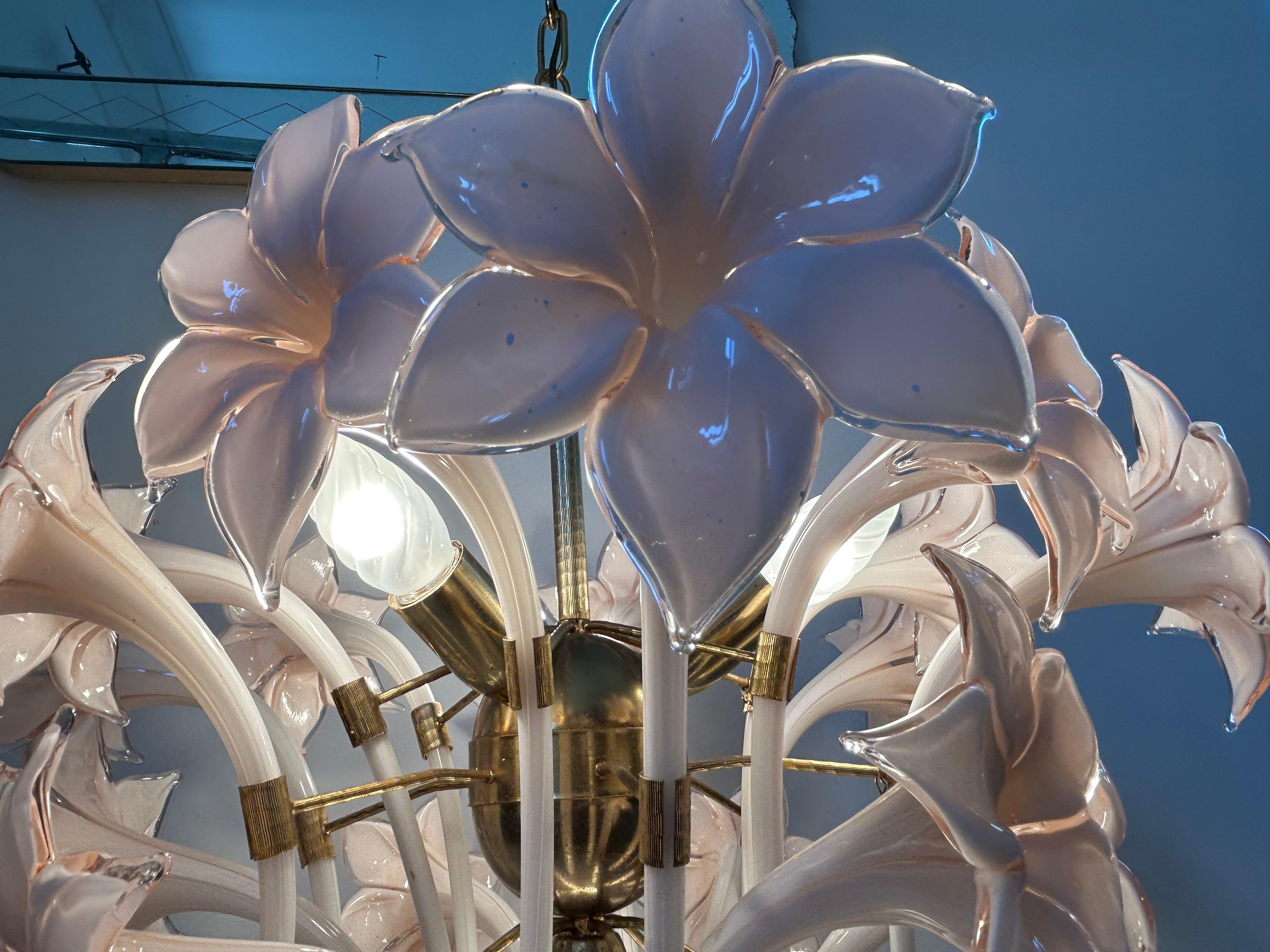 Pink Lily, Spectacular Murano Chandelier, 1980's For Sale 10