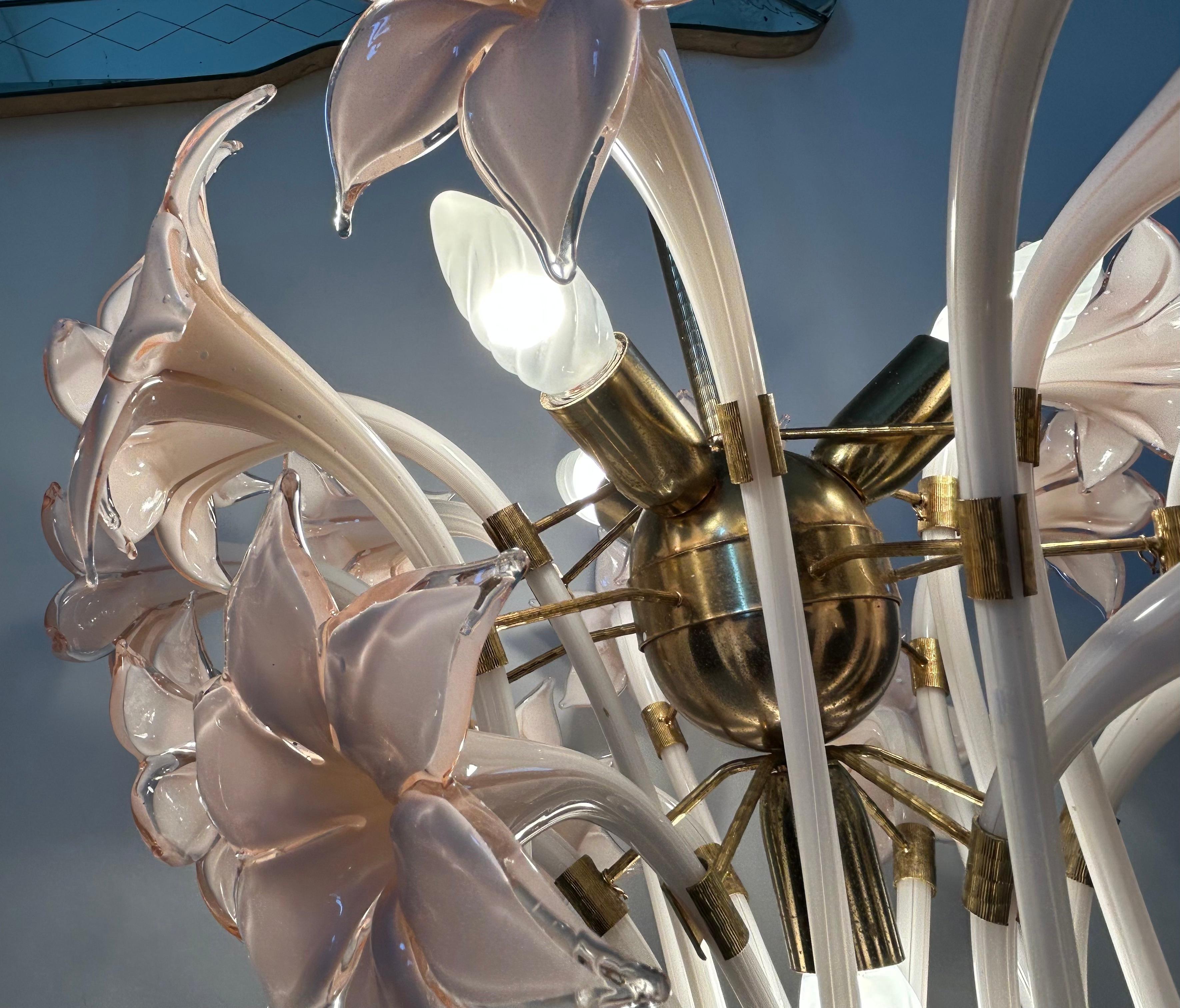 Italian Pink Lily, Spectacular Murano Chandelier, 1980's For Sale