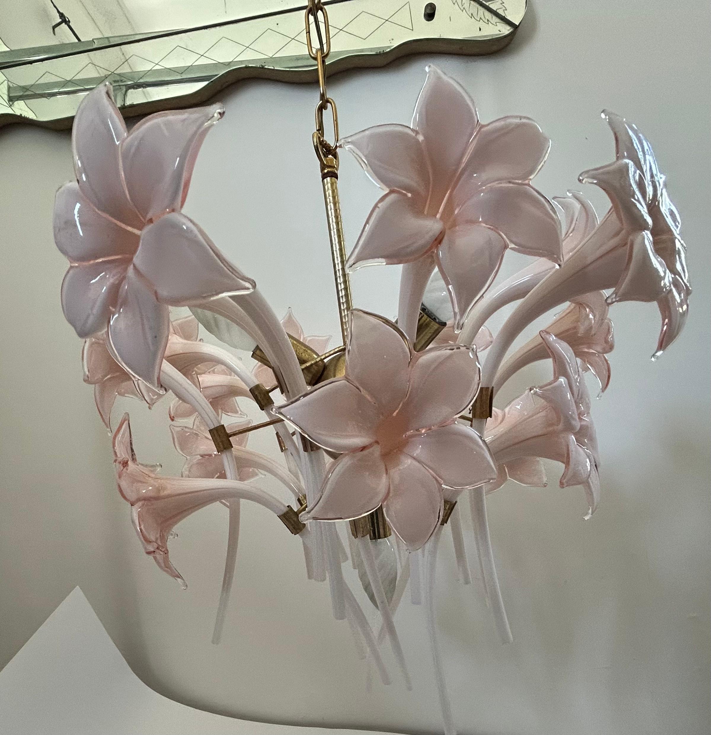 Hand-Crafted Pink Lily, Spectacular Murano Chandelier, 1980's For Sale