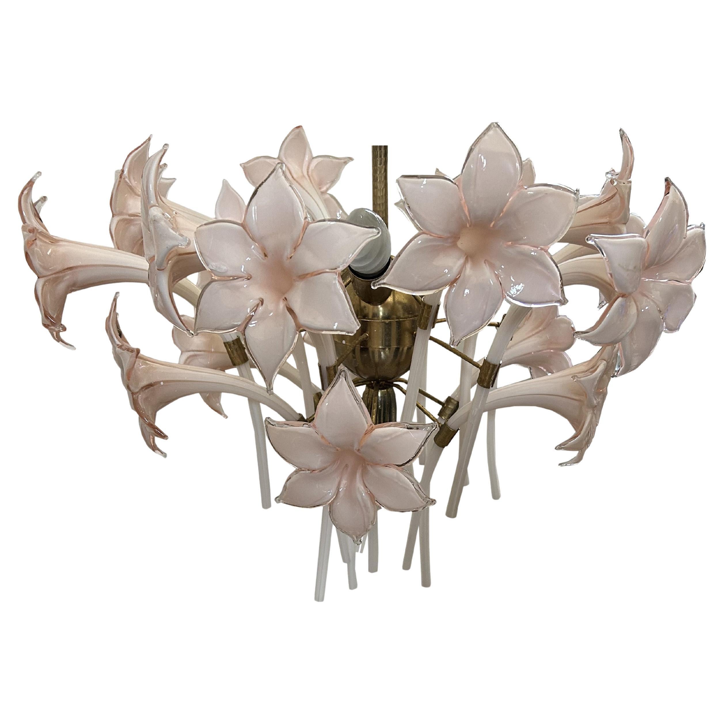 Pink Lily, Spectacular Murano Chandelier, 1980's in vendita