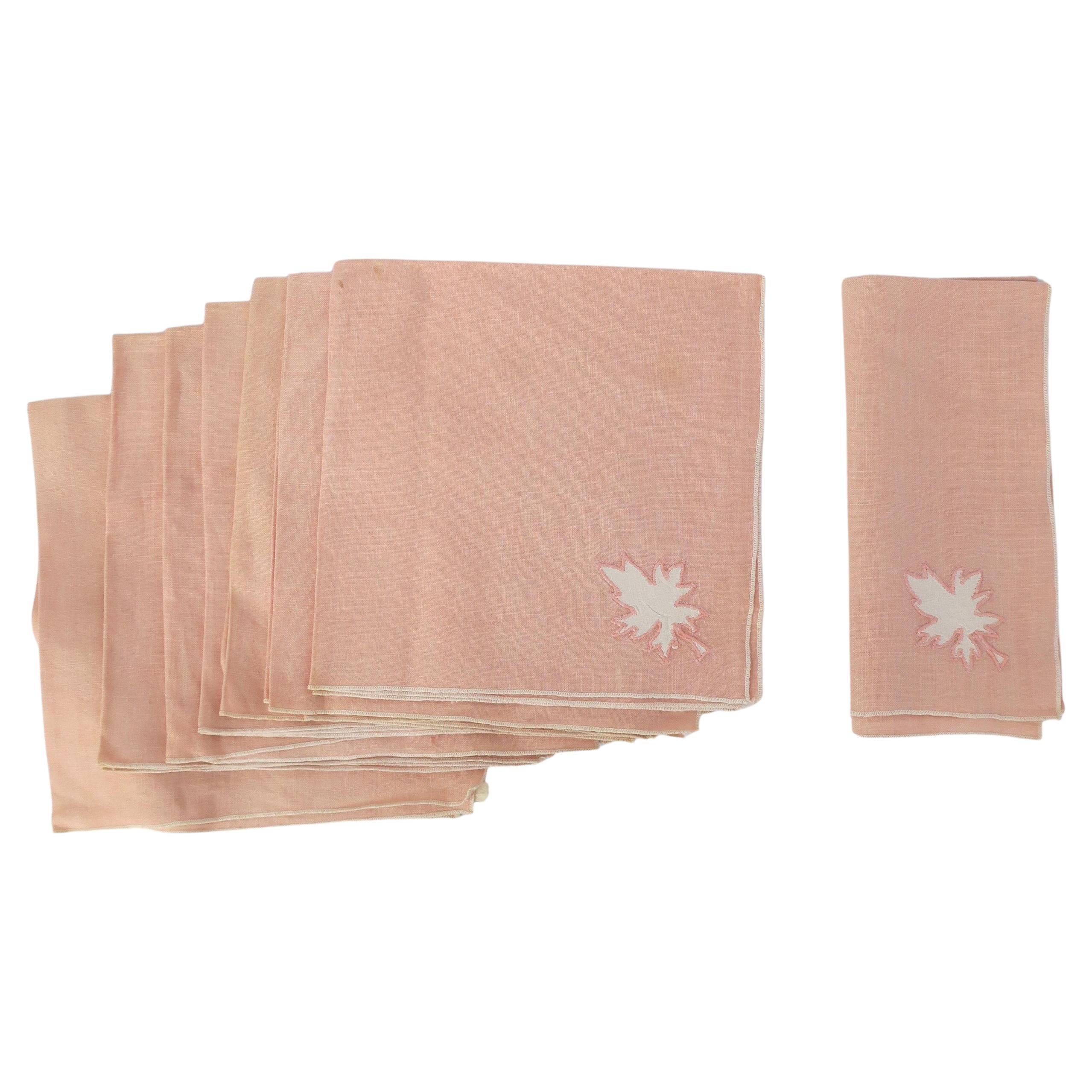 Pink Linen Napkins with Leaf Design, Set of 8 For Sale