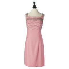 Pink linen sleeveless cocktail dress with beadwork Etienne Couture Circa 1960's 