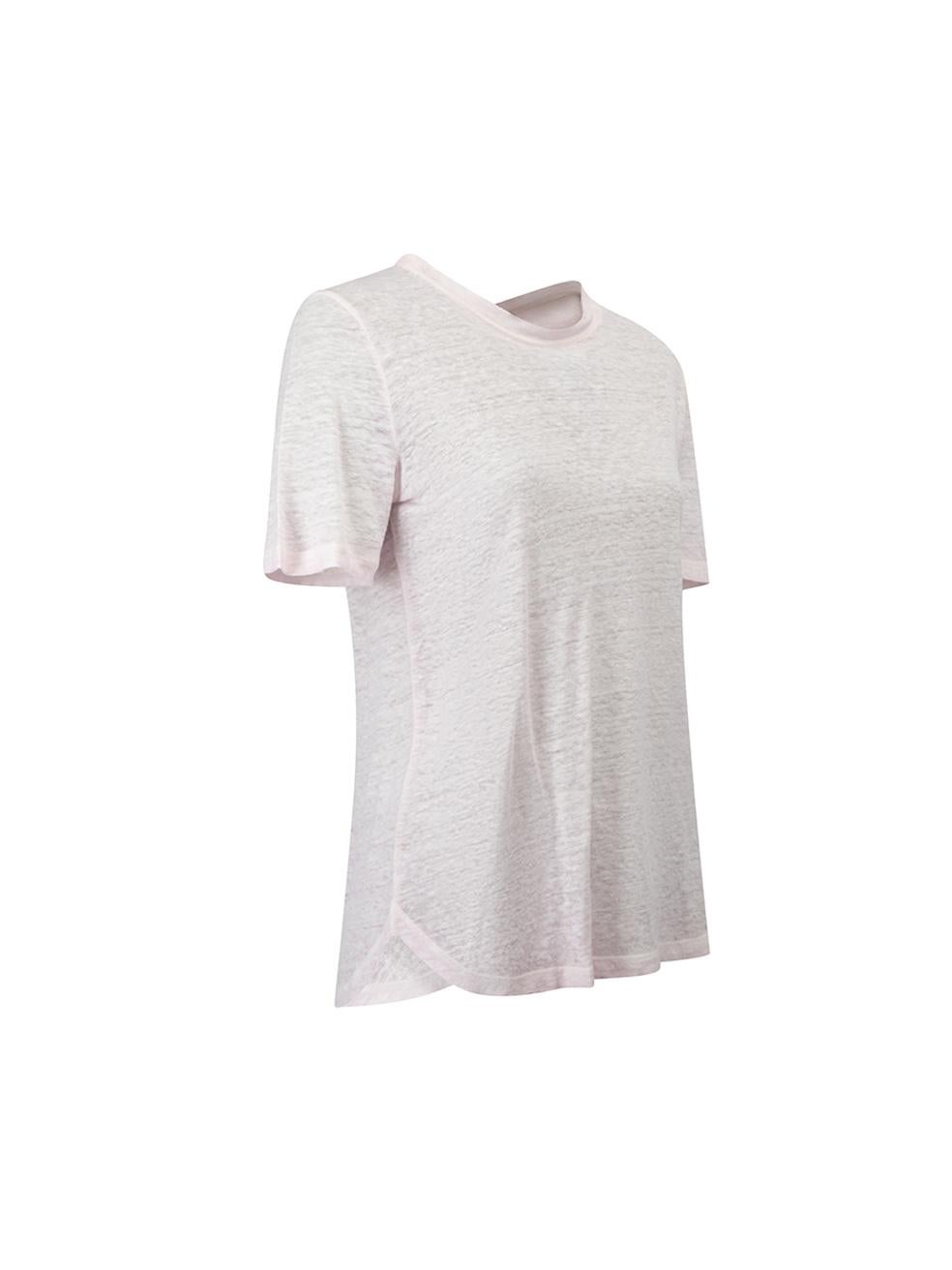 CONDITION is Very good. Minimal wear to top is evident. Minimal wear to the centre-front with a faint mark on this used Maje designer resale item. 
 
 Details
  Pink
 Linen
 Short sleeves T shirt
 Round neckline
 
 
 Made in China
 
 Composition
