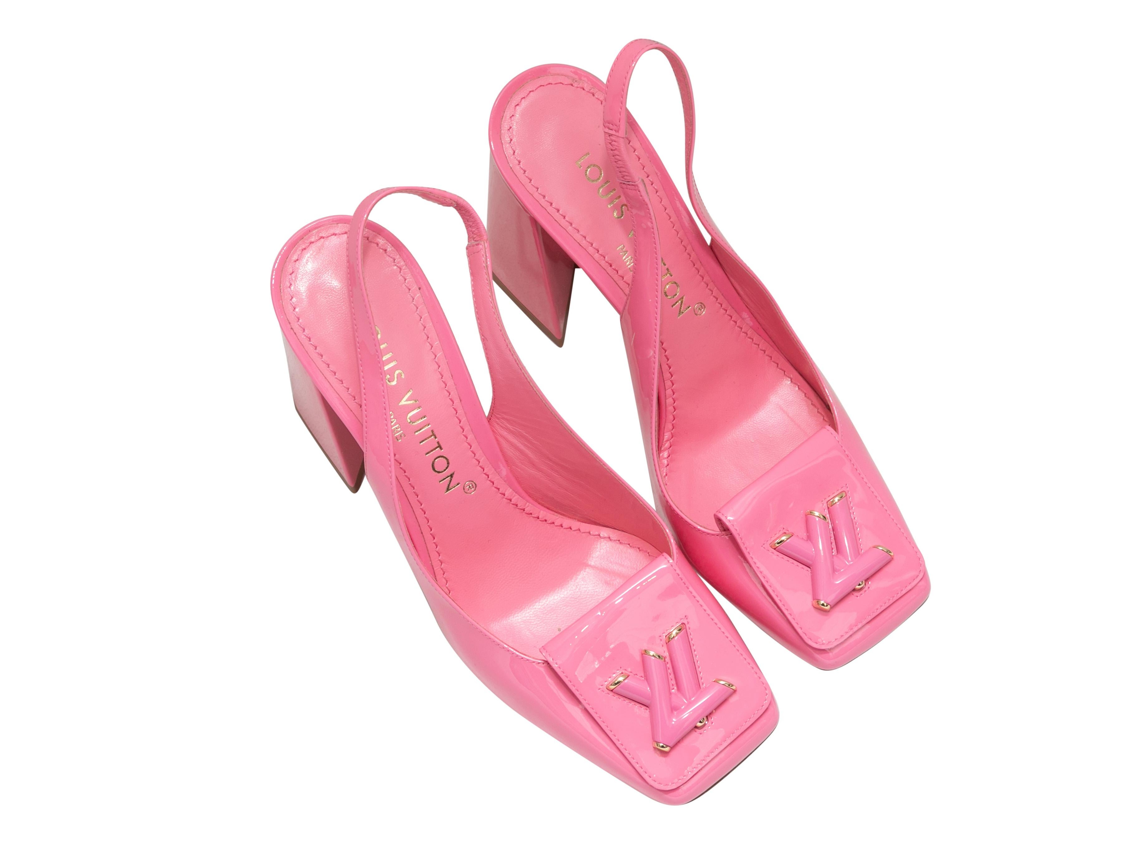 Pink square-toe patent slingback pumps by Louis Vuitton. Logo adornments at tops. Block heels. 4