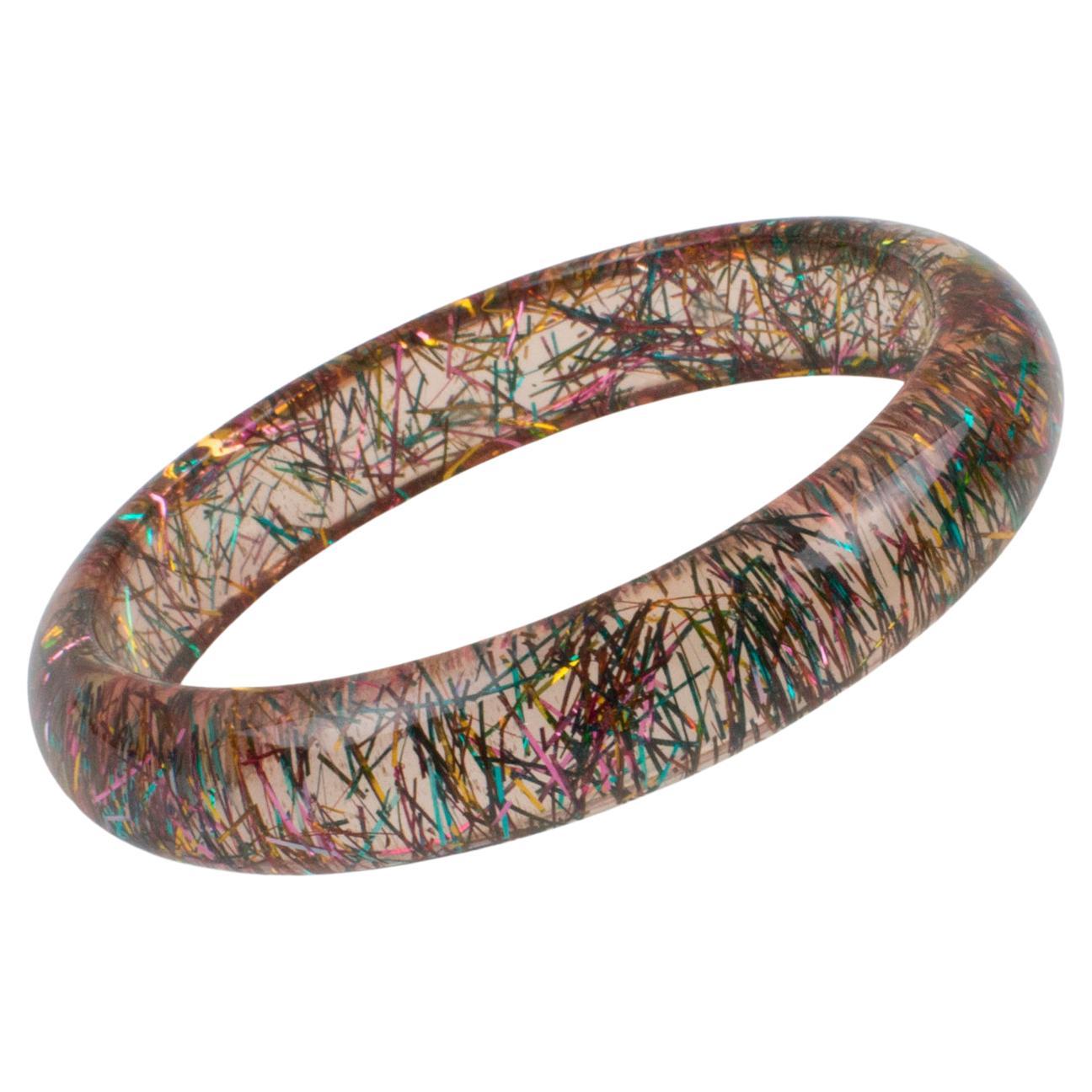 Pink Lucite Bracelet Bangle with Multicolor Metallic Thread Inclusions For Sale