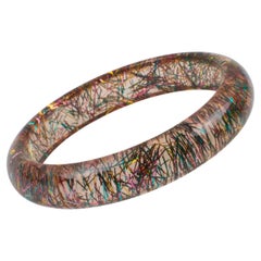 Pink Lucite Bracelet Bangle with Multicolor Metallic Thread Inclusions