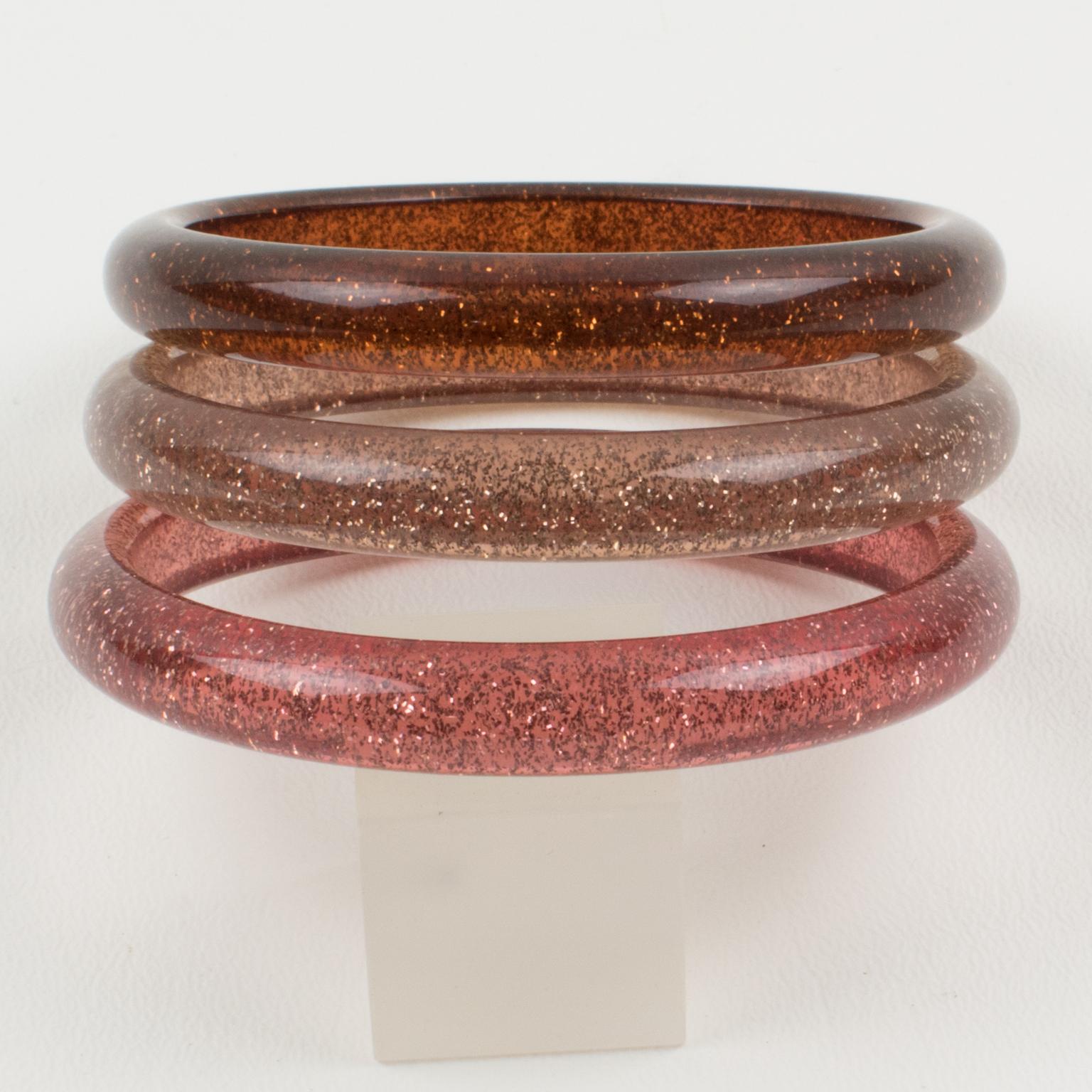 Women's or Men's Pink Lucite Bracelet Bangle with Silver Metallic Confetti Inclusions, a trio For Sale