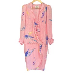 Pink Puff Sleeve Silk Lupine Floral Print Dress - Vintage NWT Flora Kung