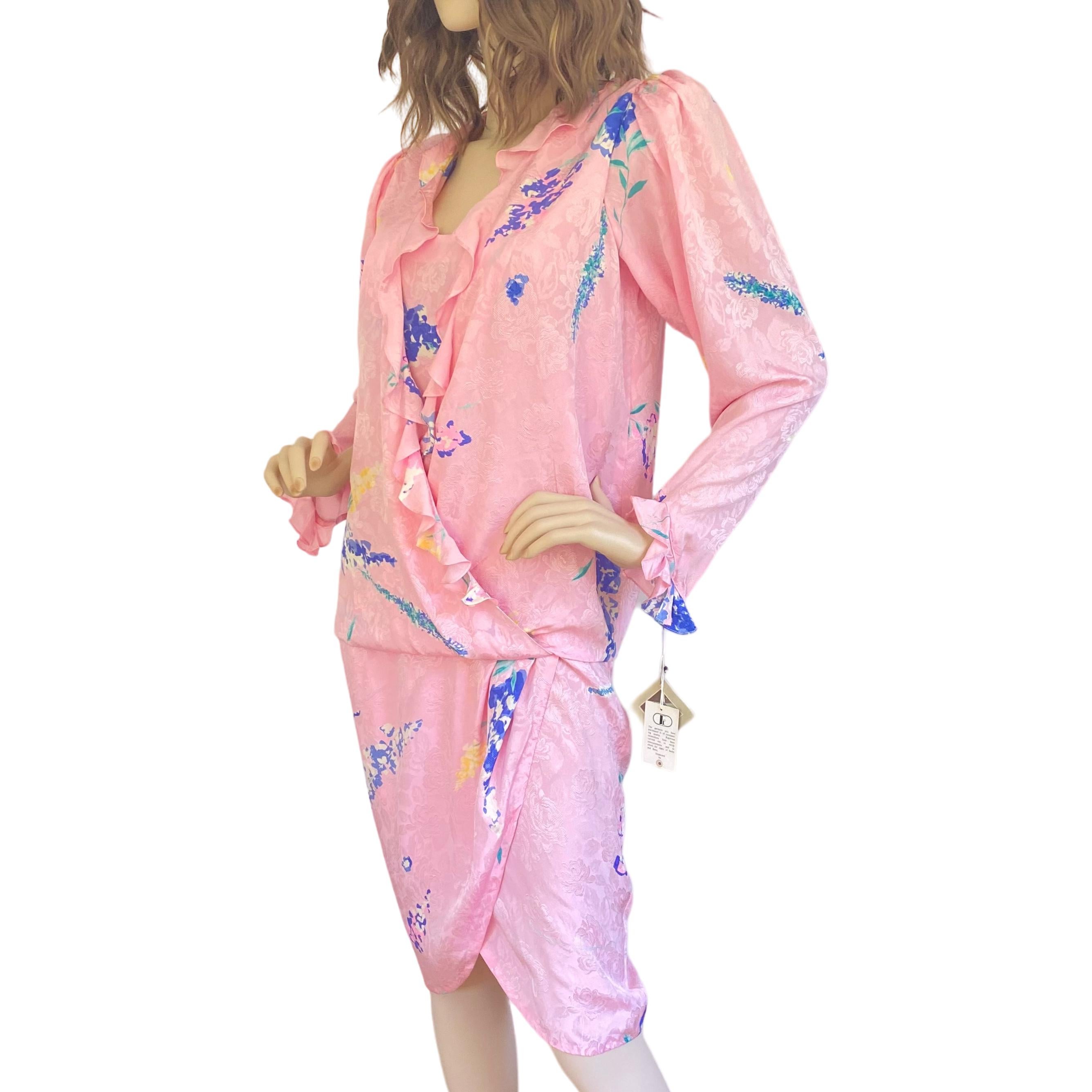 Pink Puff Sleeve Silk Lupine Floral Print Dress - Vintage NWT Flora Kung  For Sale 2