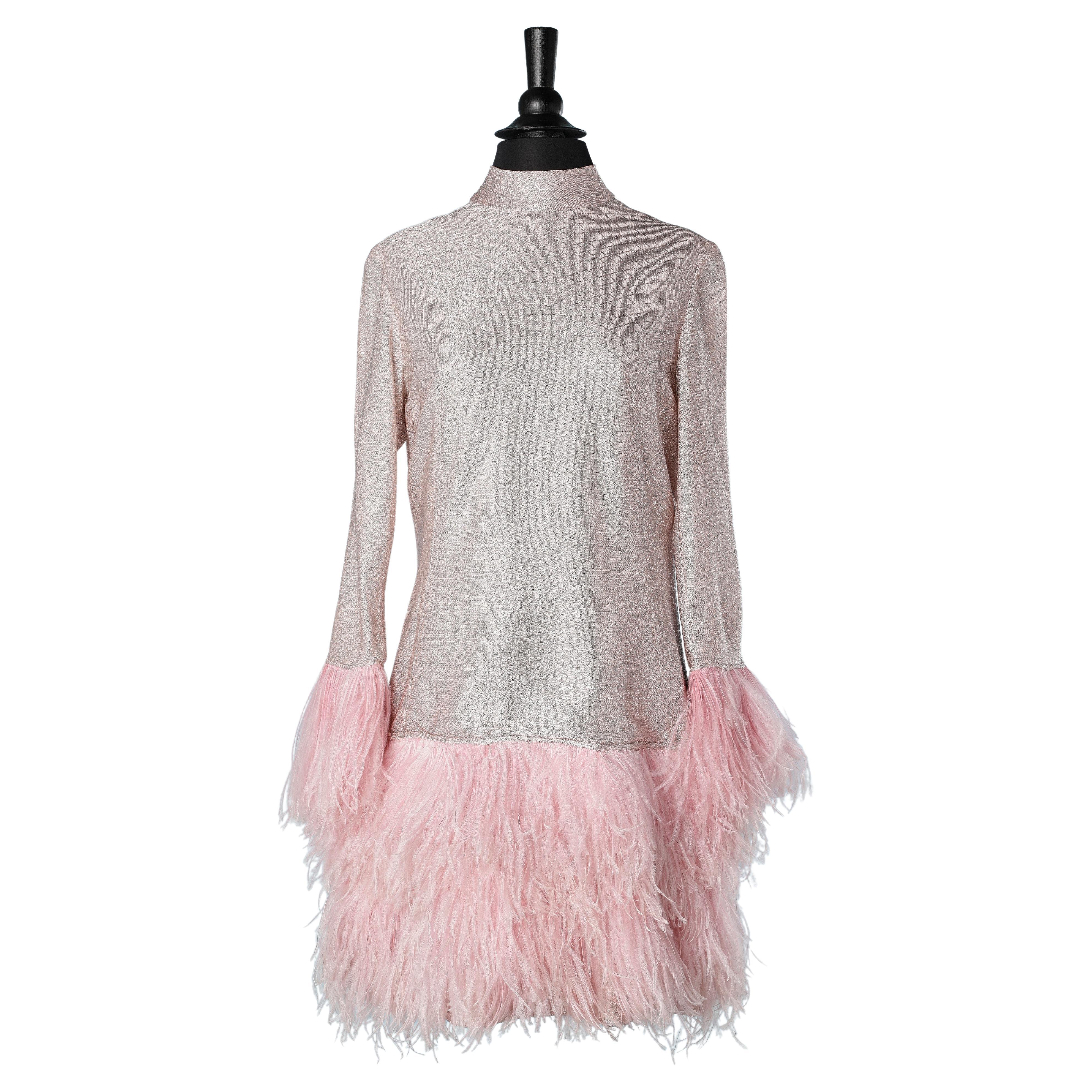 Pink lurex cocktail dress with ostrich feather edge Circa 1960's  For Sale