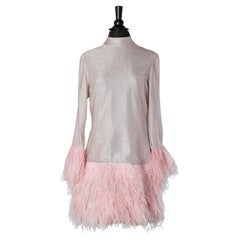 Used Pink lurex cocktail dress with ostrich feather edge Circa 1960's 