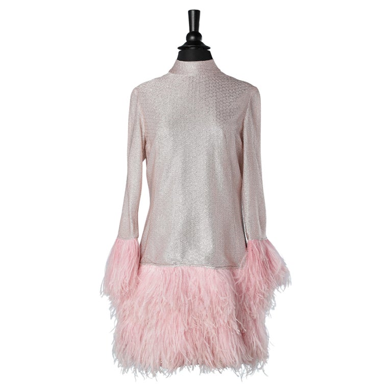 Pink lurex cocktail dress with ostrich feather edge Circa 1960's For