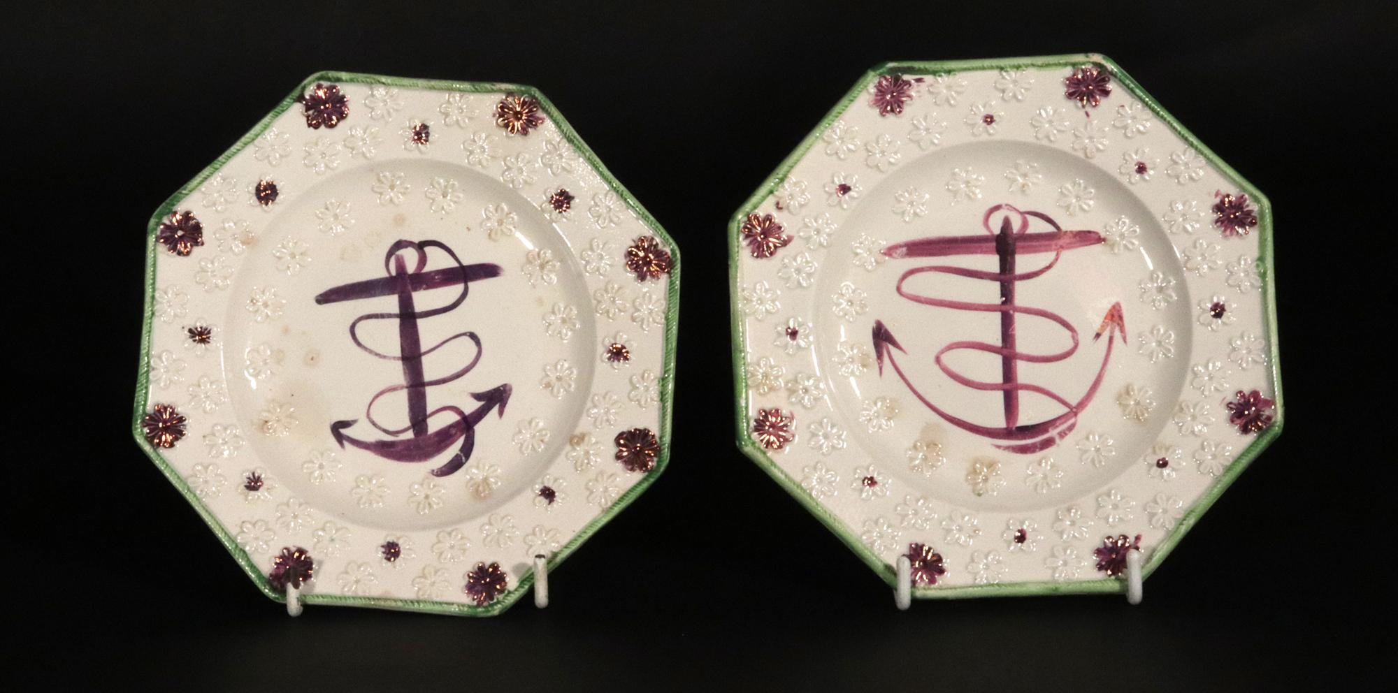 XIX secolo Pink Luster Fouled Anchor-decorated Side Plates or Child's Plates- Set of Nine in vendita