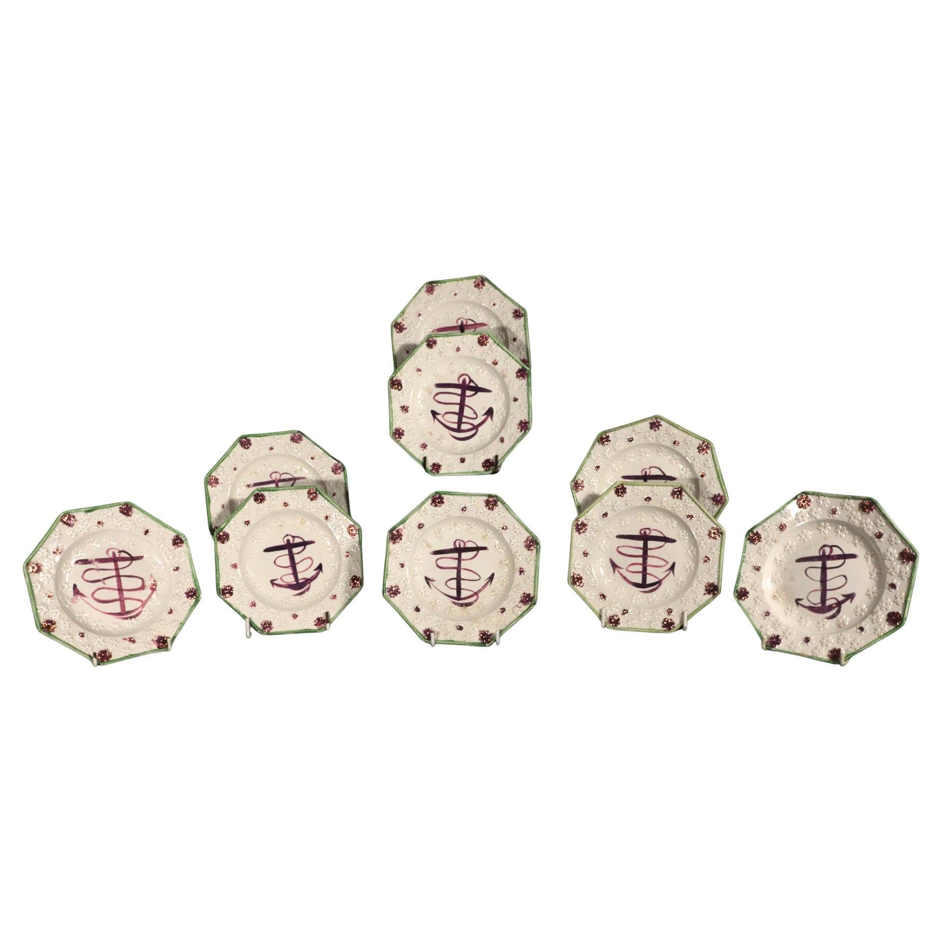 Pink Luster Fouled Anchor-decorated Side Plates or Child's Plates- Set of Nine