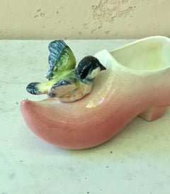 Pink Majolica Clog with Bird Massier, circa 1890