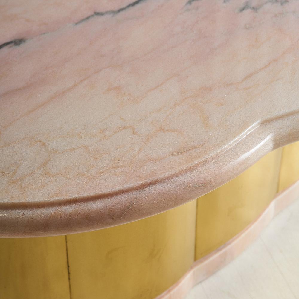 Pink Marble and Brass Coffee Table with Scalloped Base In Good Condition In Chicago, IL