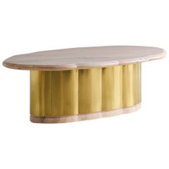 Pink Marble and Brass Coffee Table with Scalloped Base
