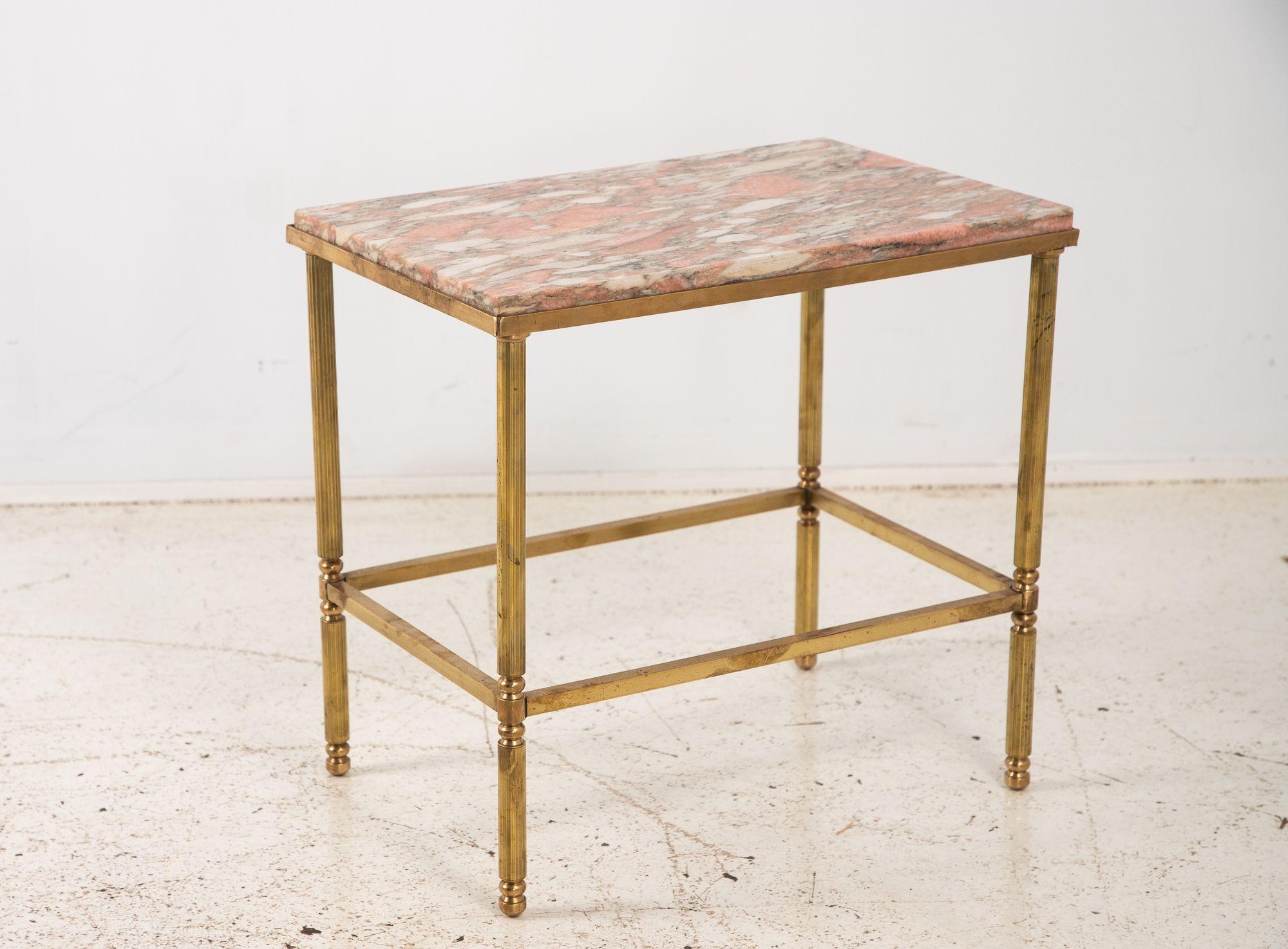 French Pink Marble and Brass Side Table, France 1970s For Sale