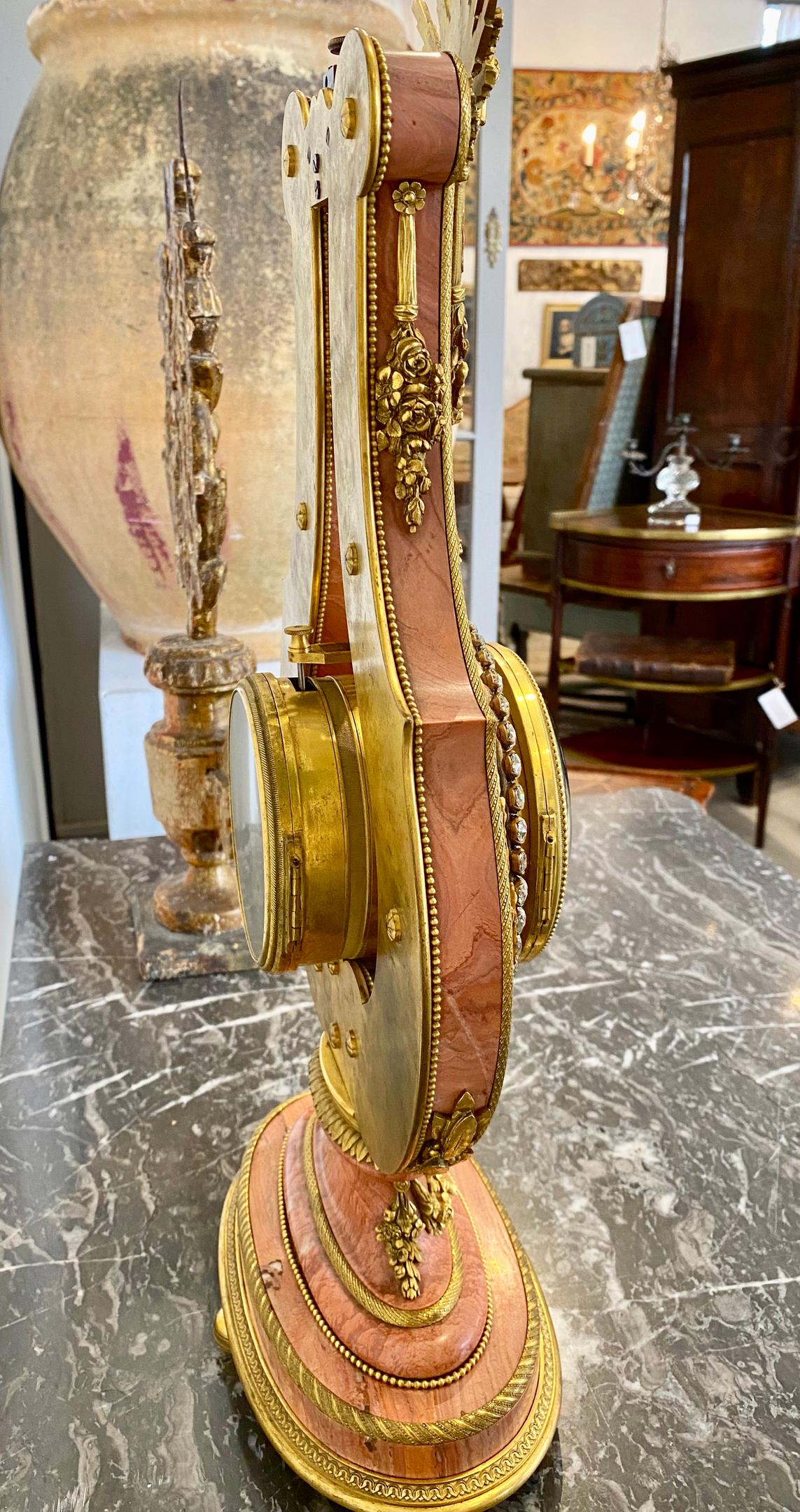 Louis XIV Pink Marble and Ormolu 19th Century French Lyre-Form Clock with Jeweled Pendulum