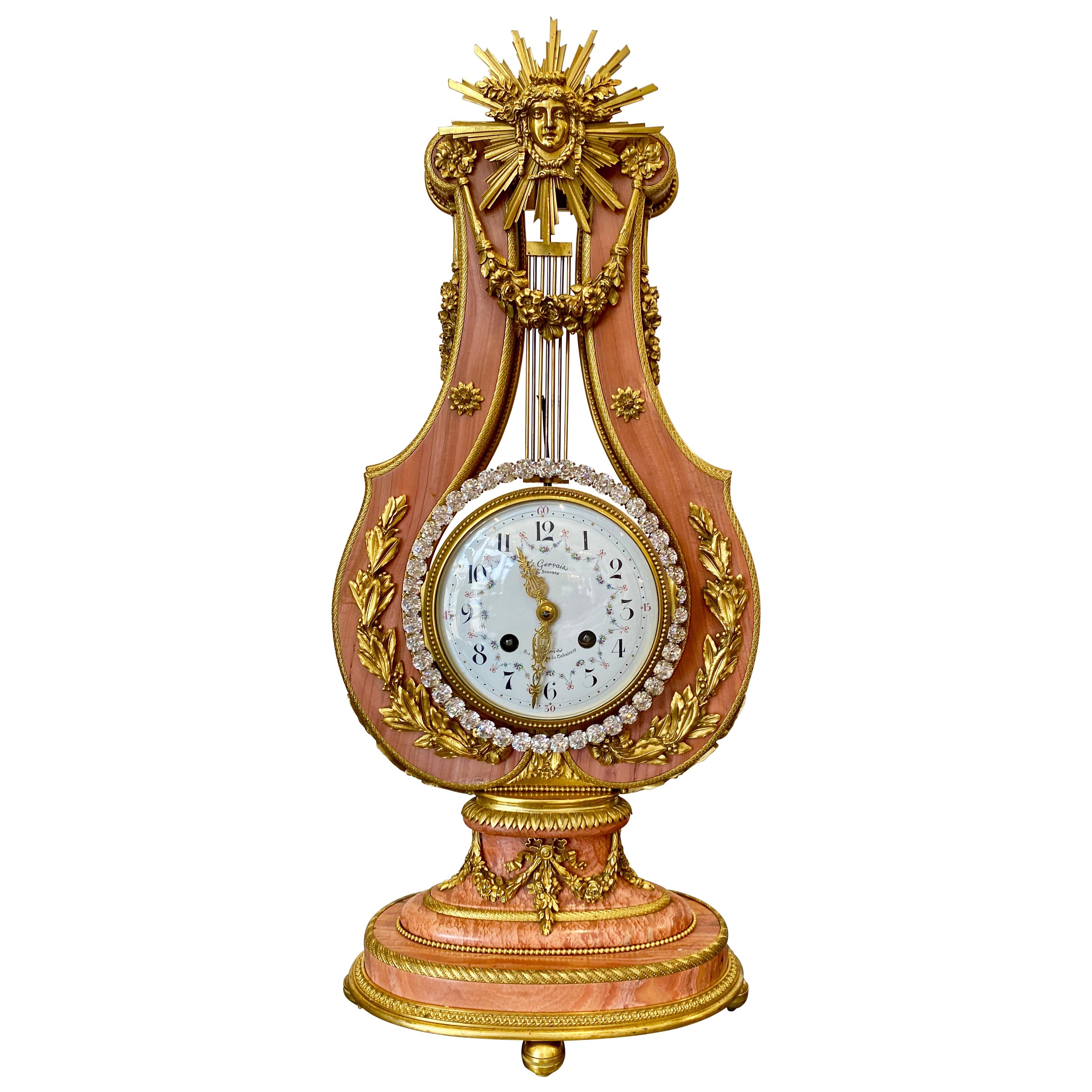 Pink Marble and Ormolu 19th Century French Lyre-Form Clock with Jeweled Pendulum