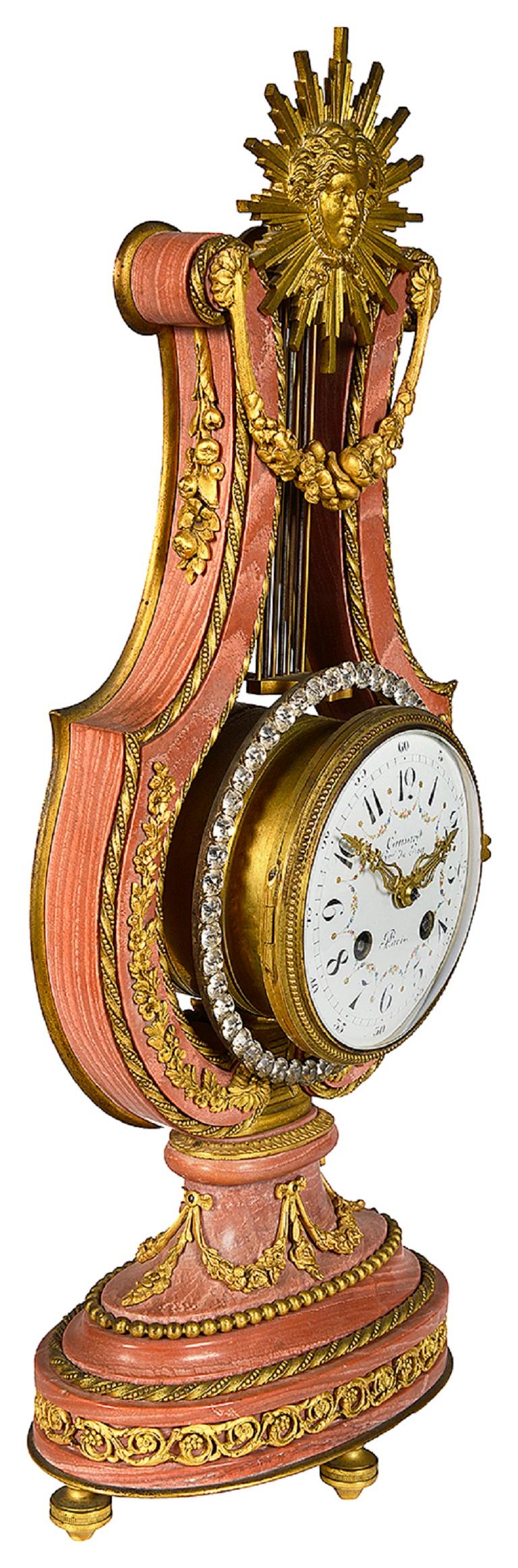 French Pink marble Lyre shape mantle clock, 19th Century. For Sale