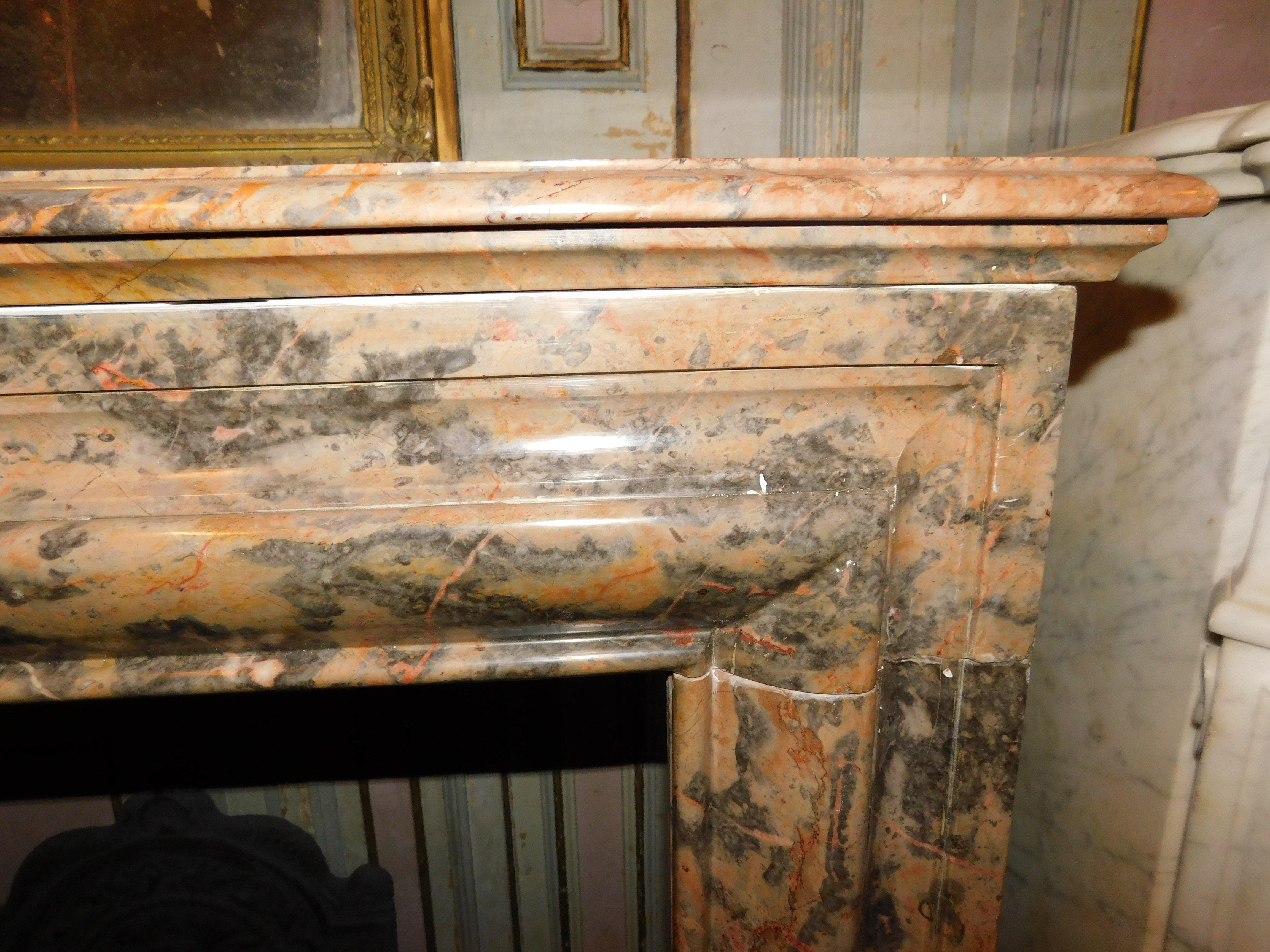 Pink marble mantle fireplace, simple geometric shape, Italy For Sale 1