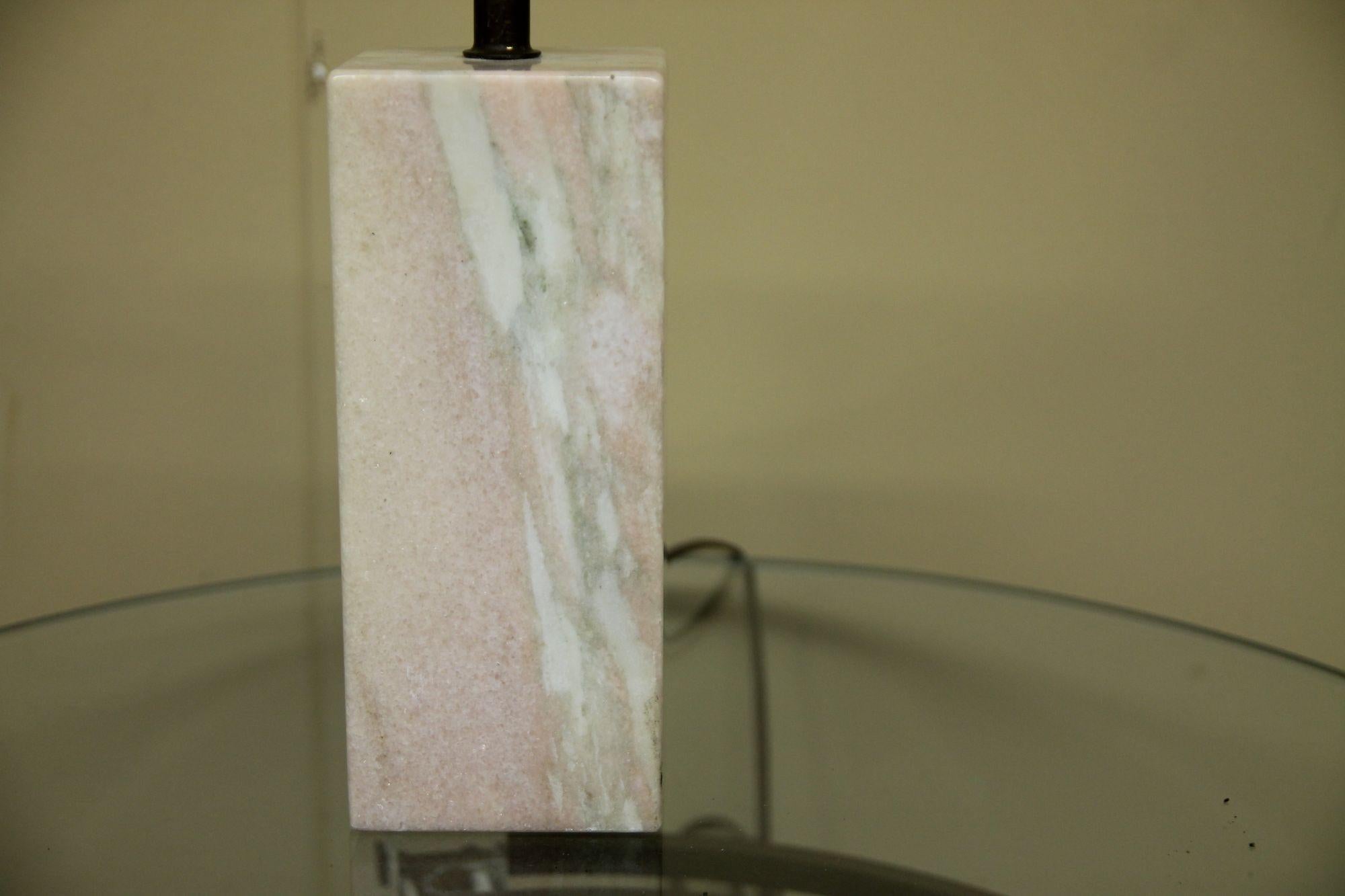 Pleased to offer this pink marble table lamp. This smaller size lamp is in nice vintage shape. The lamp will look great with a light color shade.