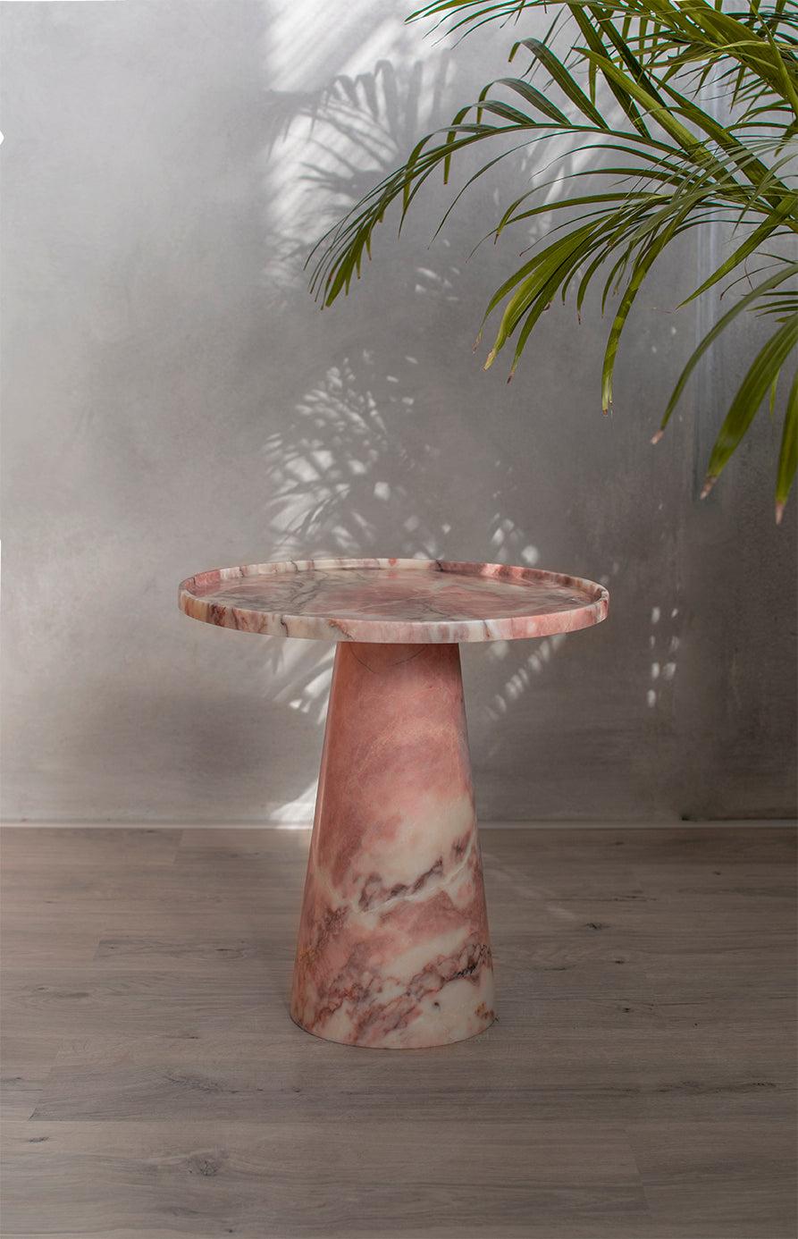 Hand-Crafted Pink Marble Pedestal Side Table For Sale