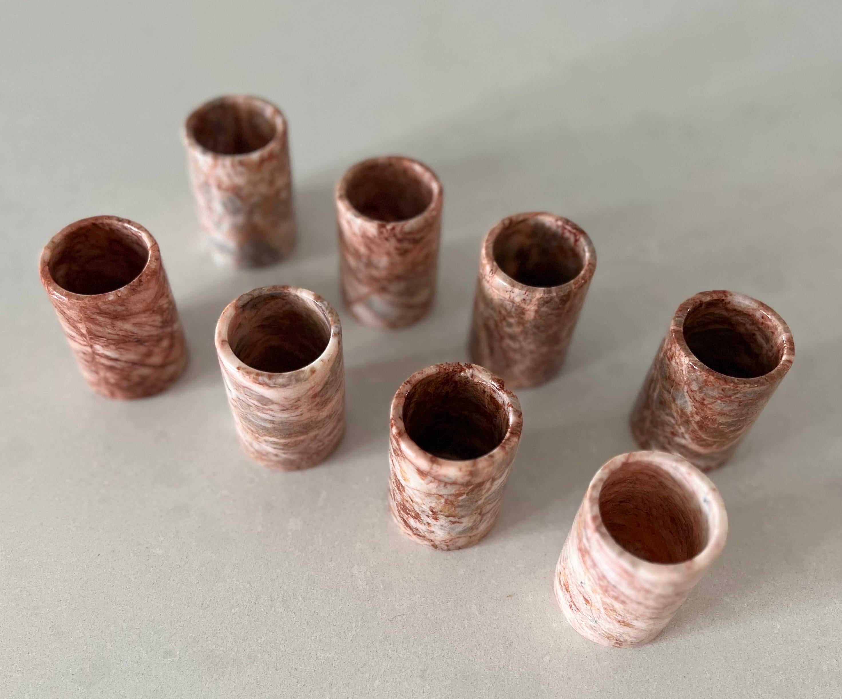 Mid-Century Modern Pink Marble Stone Shot Glasses - Set of Eight
