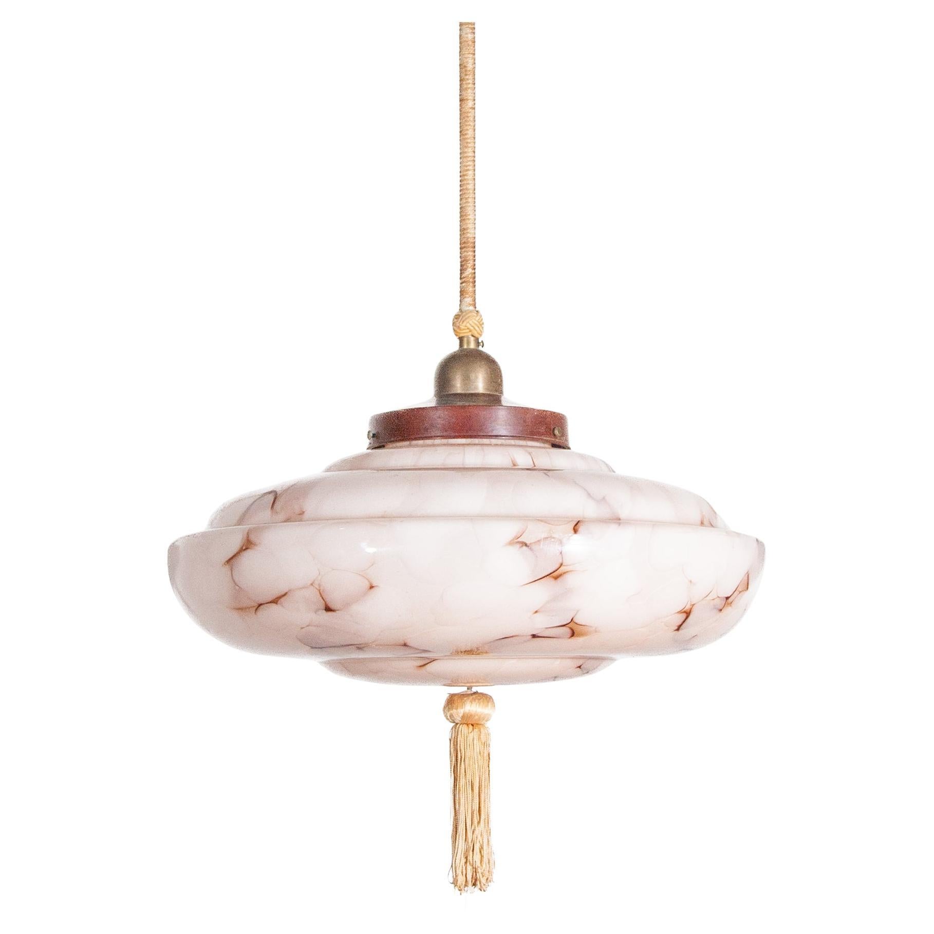 Lampada a sospensione ART DECO in vetro marmorizzato rosa e ottone, anni '30, Germania