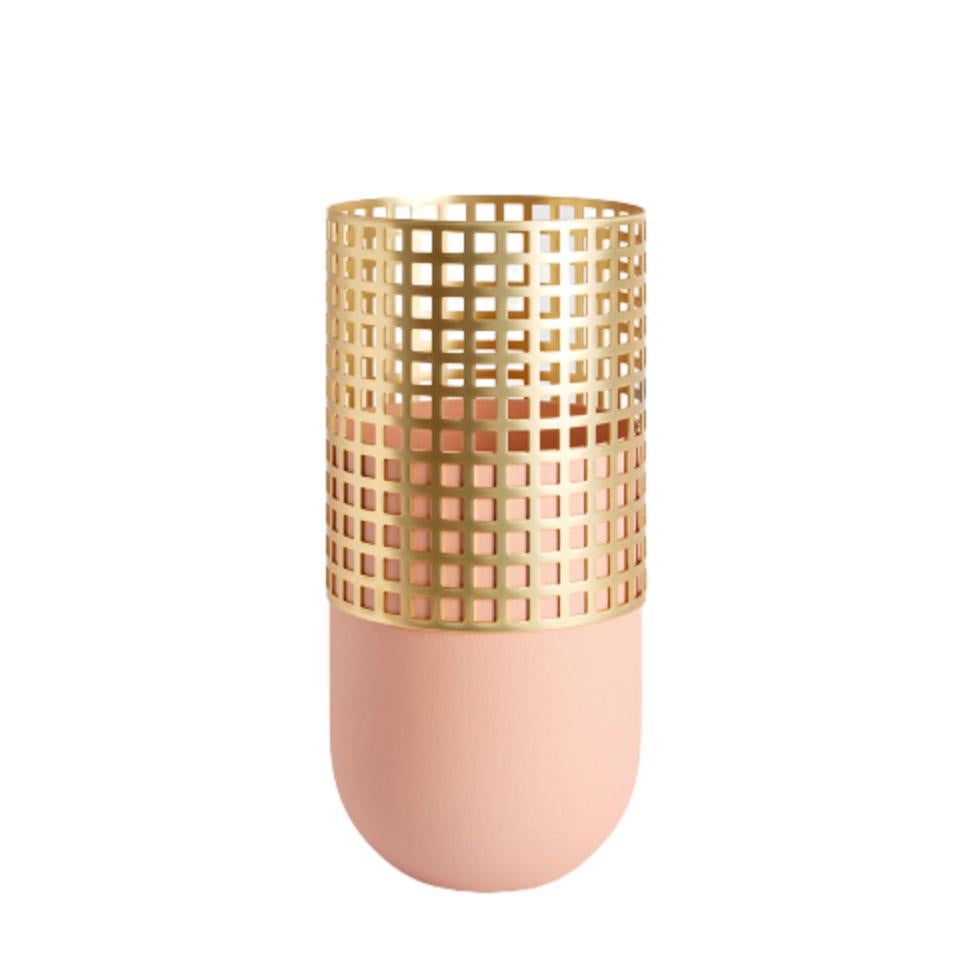 Pink Mia tall vase by Mason Editions
Dimensions: 15 × 15 × 31 cm
Materials: Iron 
Colors: pink, light grey + matte gold 24K; black + matte black nickel

Mia is a collection of fine, elegant vases including a tall vase, a medium vase, and a table